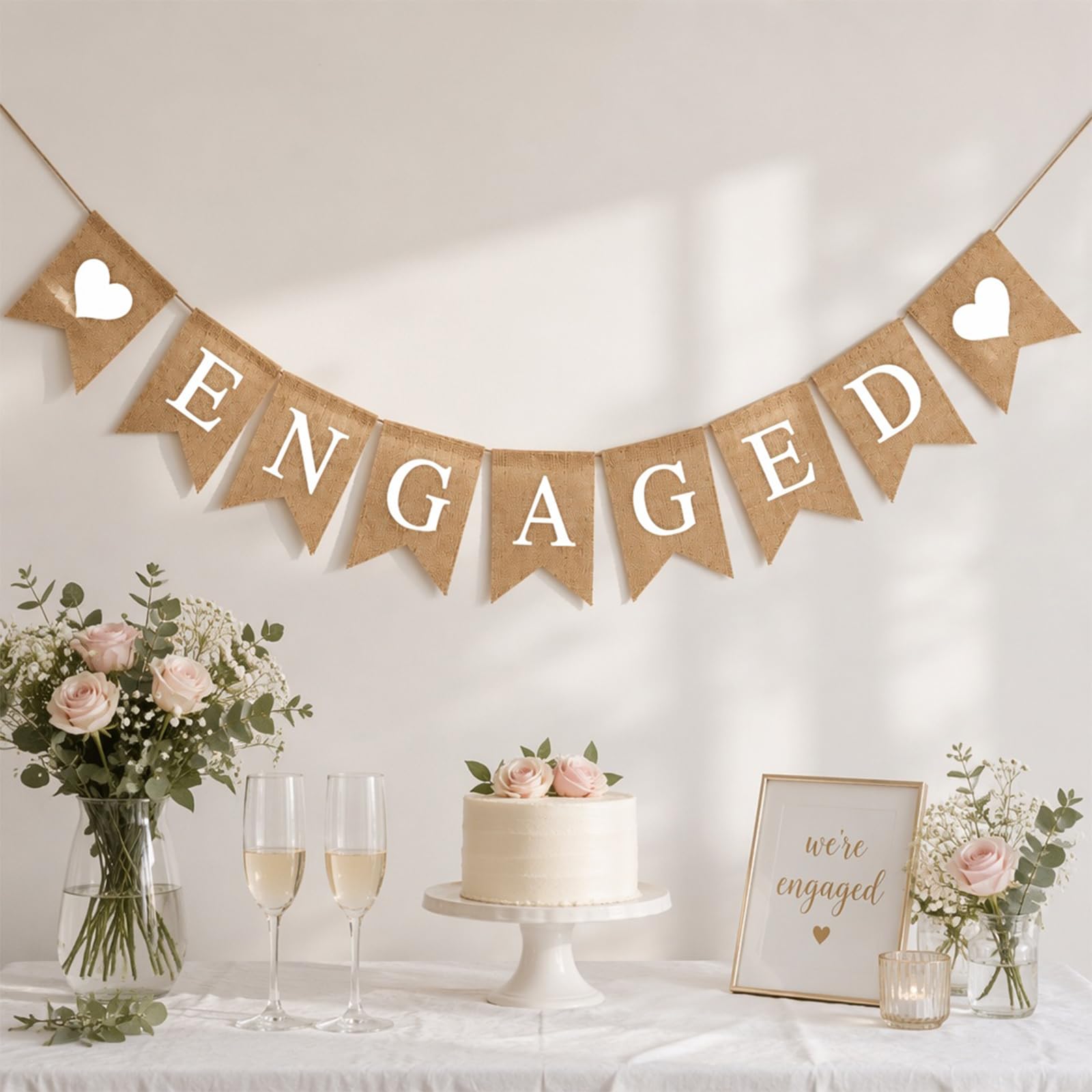 Engaged Burlap Bunting Banner Hessian Garland White Love Hearts