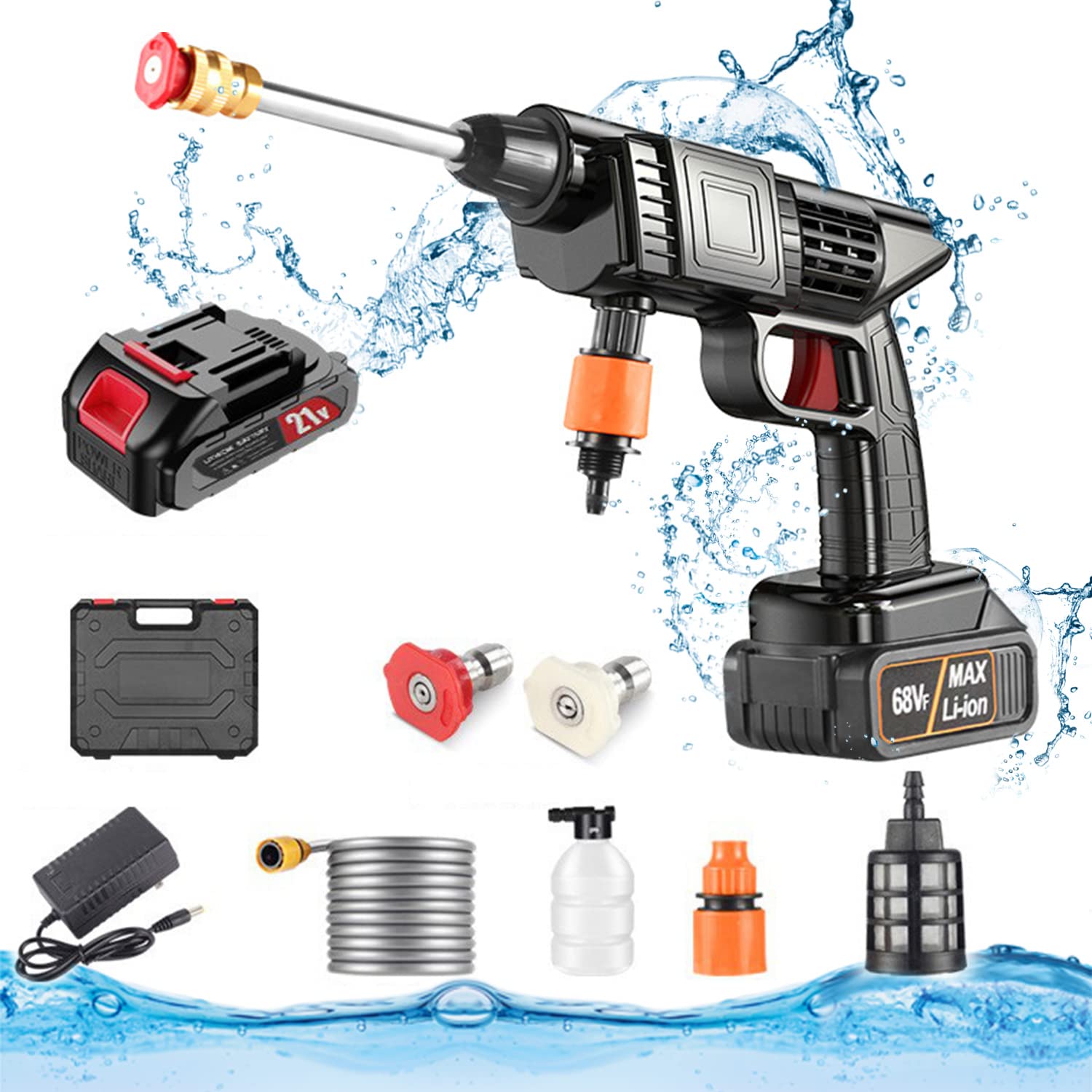 occuwzz® 48v cordless portable washer electric high pressure cleaner machine with rechargeable battery,foam bottle,nozzles hose for washing cars, watering flowers, cleaning floors
