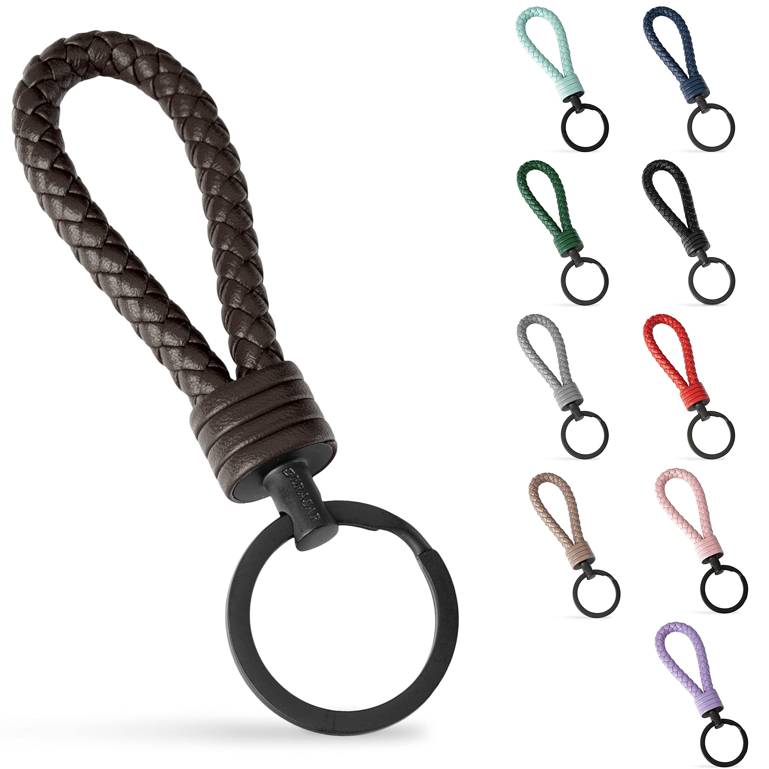 SERASAR Keychain Leather with stainless steel Keyring - Additional Rings for small Keys - Ideal for Car, Motorcycle, Bike and House Keys - With Gift Box for Men & Women
