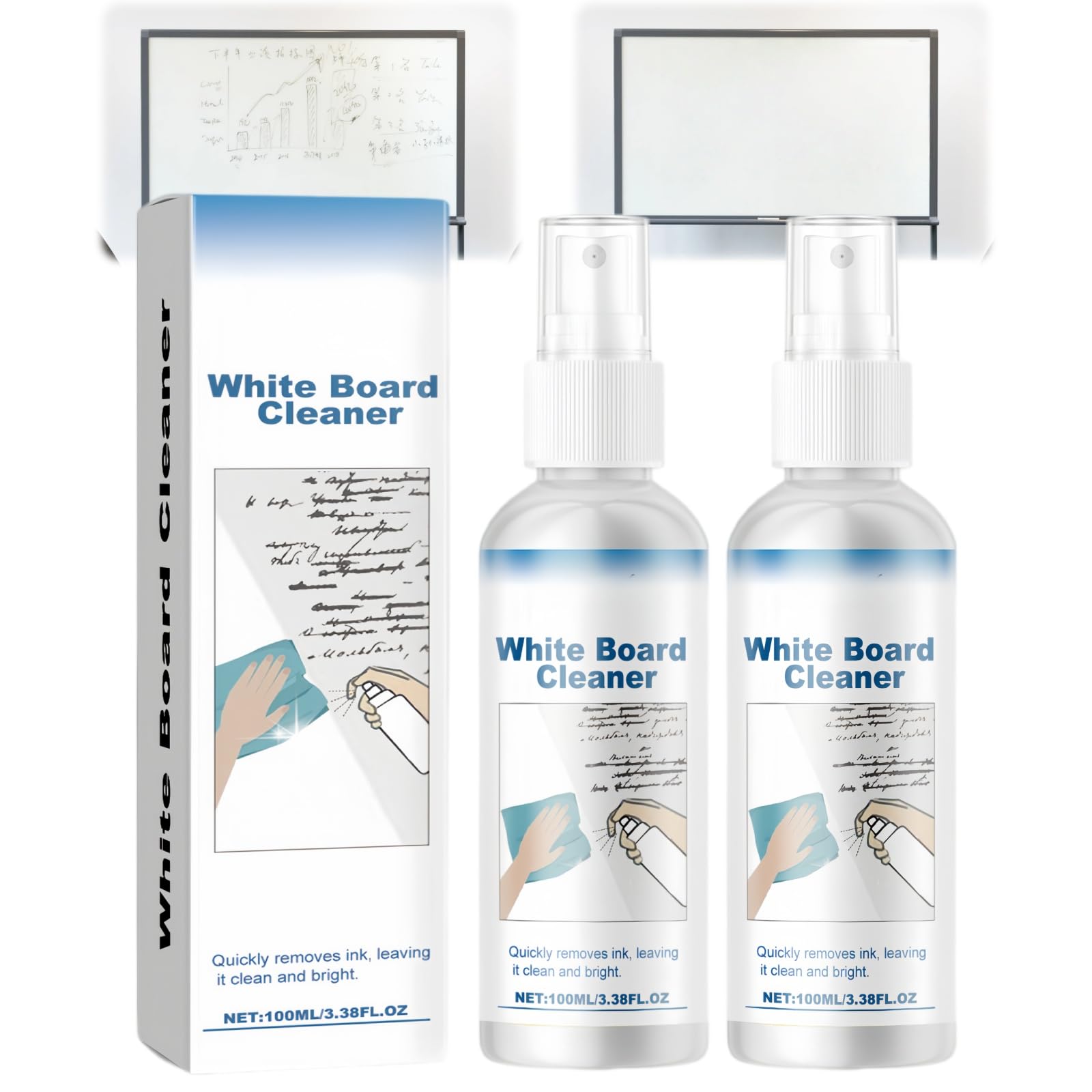 2Pcs Whiteboard Cleaner Spray,White Board Cleaners,White Board Cleaner Spray,Whiteboard Accessories,Removes Stubborn Marks from Whiteboards,Ideal for Schools and Classrooms,Office Accessories,100ml