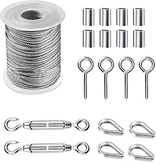 19PCS Wire Rope Cable Kit, Garden Wire/Cable Railing for Outdoor String Suspension Kit, PVC Coated Heavy Duty 304 Stainless Steel Cable Rope, Turnbuckle Wire Tensioner