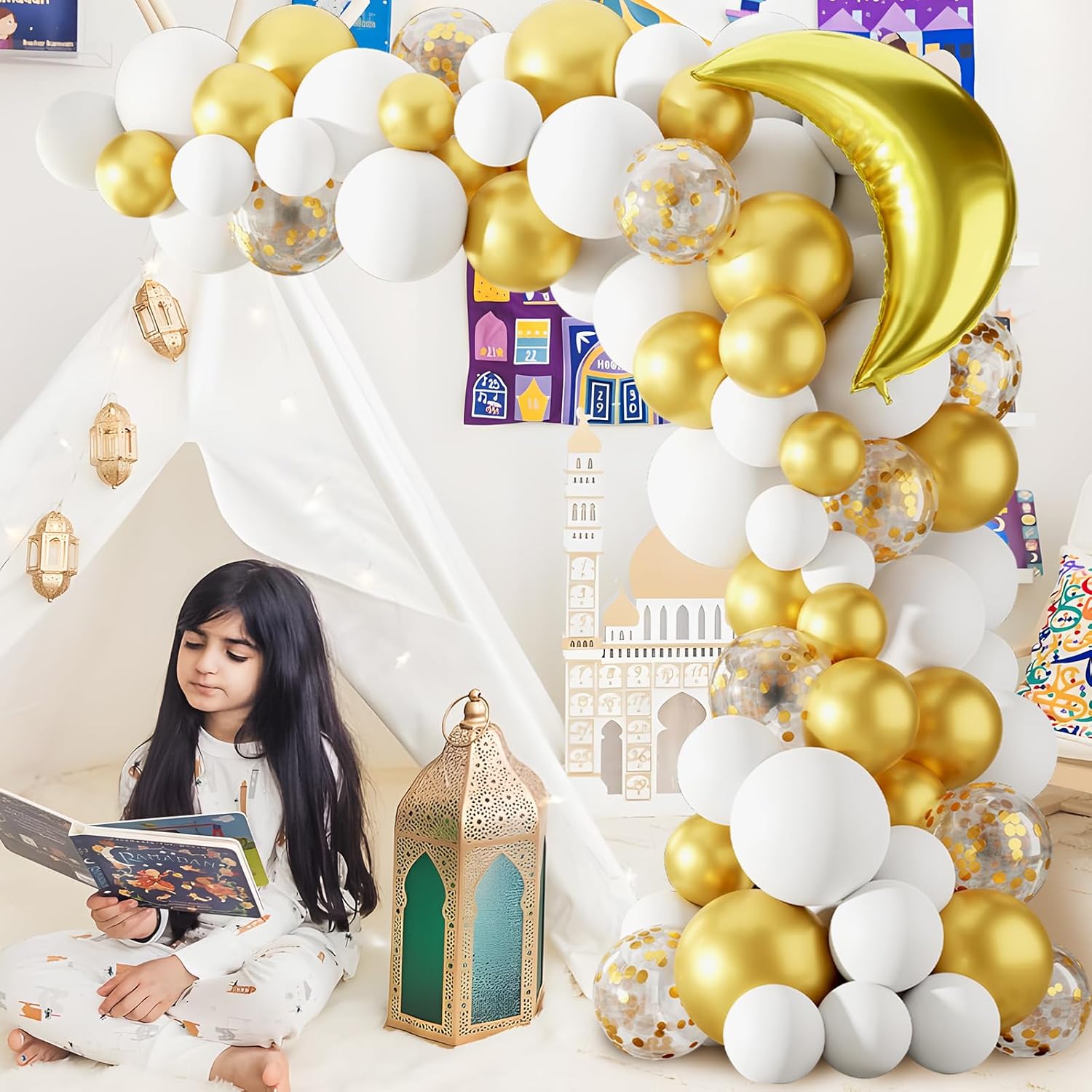 Eid Mubarak Decoration for Home 2026 - 89 White Gold Balloon Arch with Eid Mubarak Star Balloons,Star Moon Balloon Boxes,Ramadan Party Supplies Decorations for Ramadan Festival