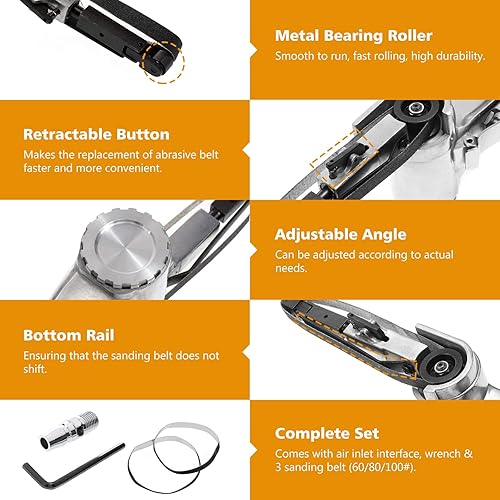 Miniatura 4 de BEAMNOVA Mini lijadora de correa de aire para carpintería de metal de trabajo de 38 pulgadas amoladora angular de mano herramienta neumática