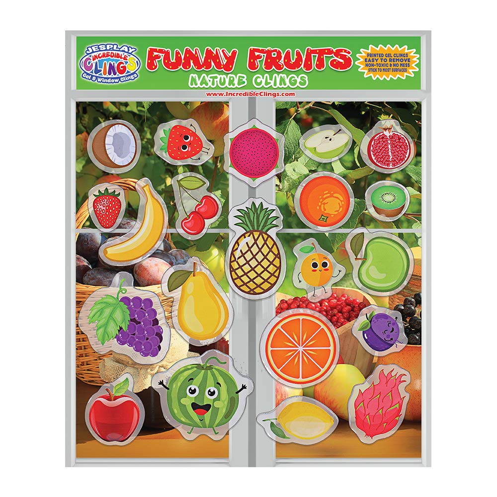 Fun Fruits Grube naklejki żelowe – zdejmowane naklejki na okna wielokrotnego użytku dla dzieci, małych dzieci i dorosłych – niesamowite zdejmowane naklejki żelowe z pomarańczami, jabłkami, bananami