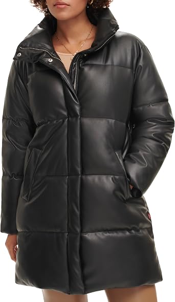 Levis Womens Faux Leather Mid-length Puffer Coat