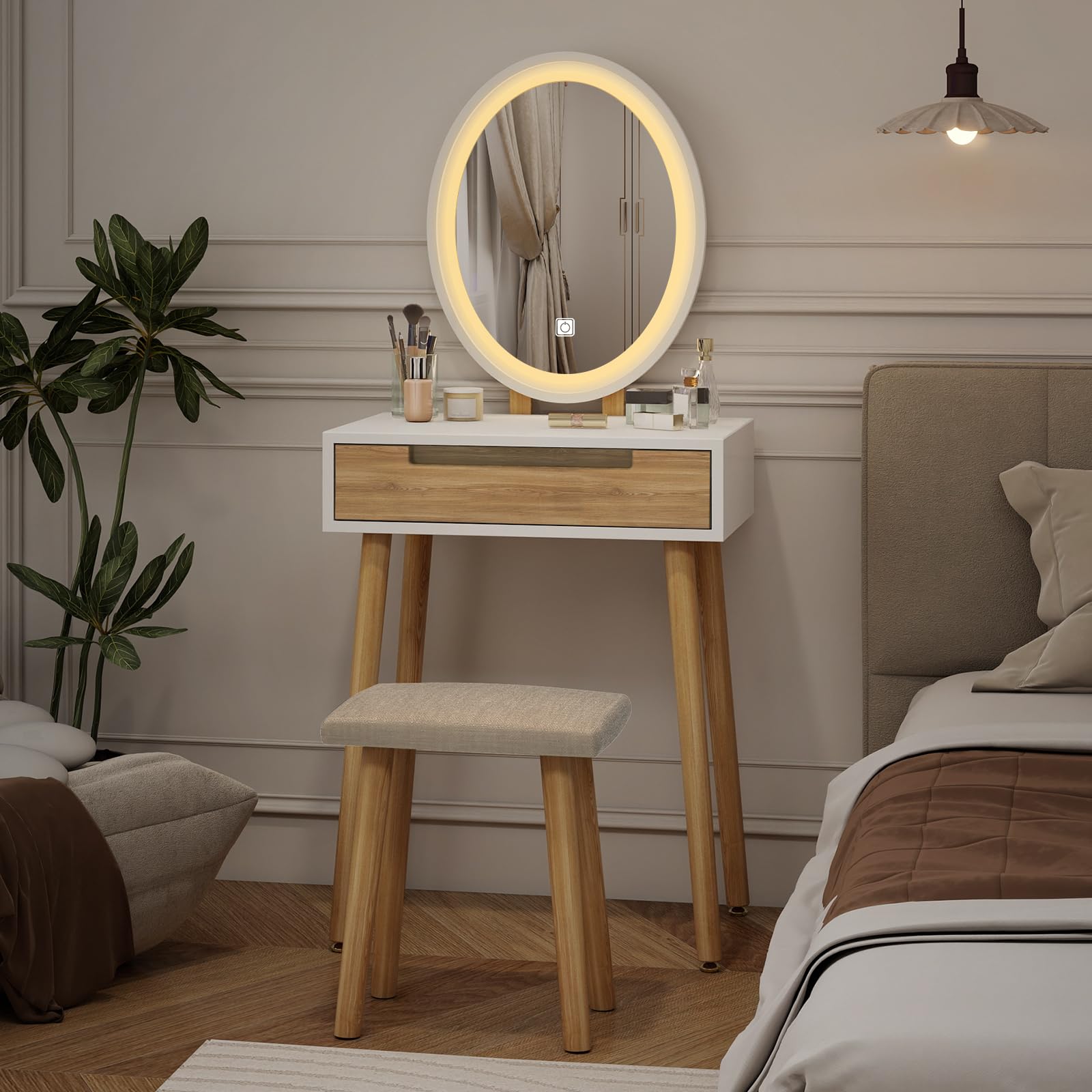 YU YUSING Petite Coiffeuse LED 60 cm Largeur avec Miroir Ovale et Tabouret, 3 Couleurs, Lumière Dimmable, Table de Maquillage avec Rangement, Tiroir Coulissant, en Bois, Gain de Place, Couleur Bois