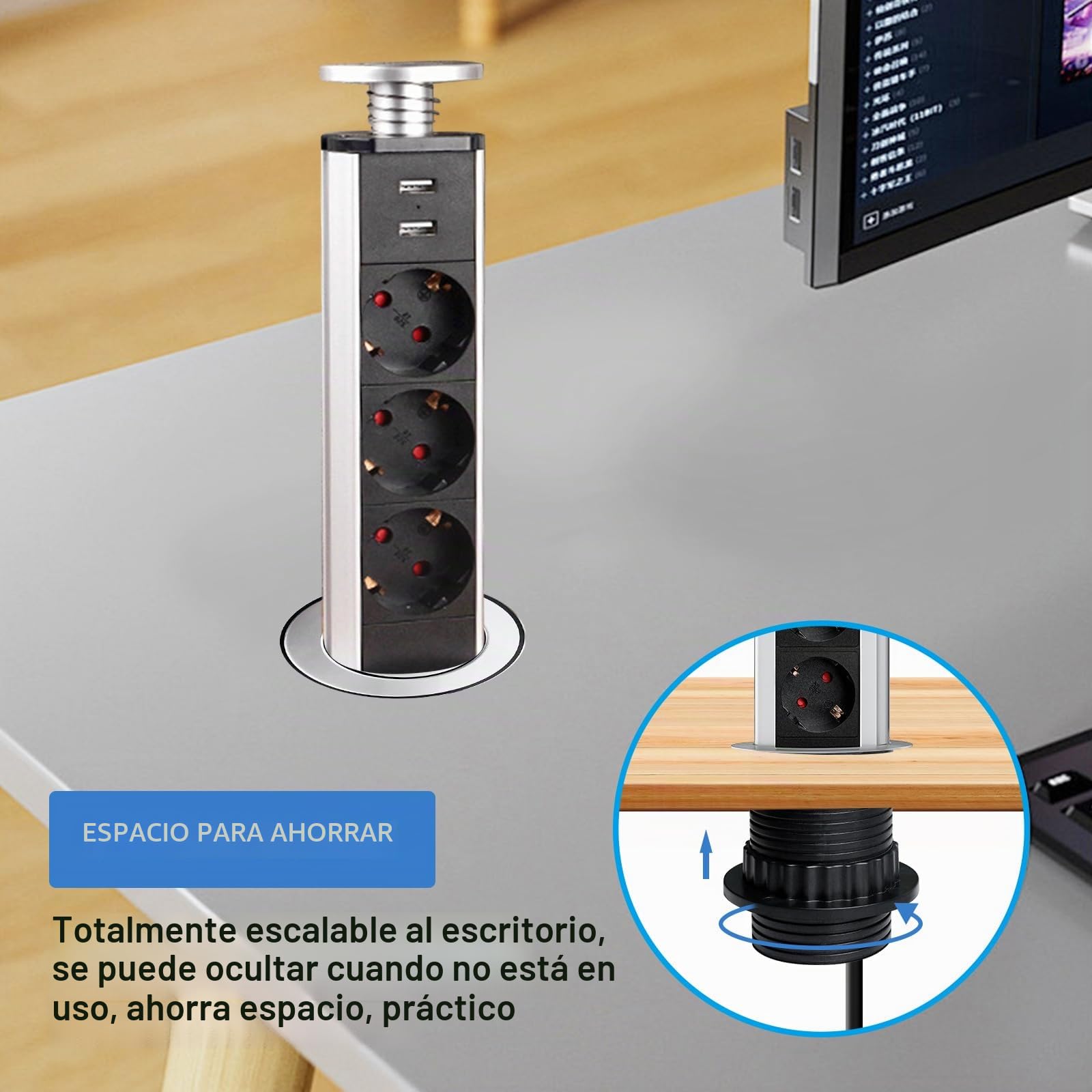 Regleta de mesa retráctil con 2 puertos USB, 3 enchufes retráctiles, 60 mm, con cable de 2 m, regleta empotrable, para encimera, oficina, cocina