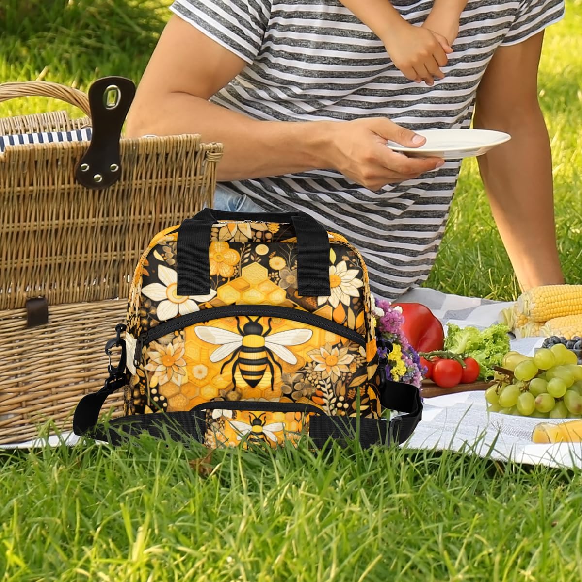 KOBLEN Honey Bee Insulated Lunch Bag for Women Men Reusable Lunch Box Cooler Tote Bag with Adjustable Shoulder Strap Lunch Container for Adult Office Work Picnic Travel Outdoor