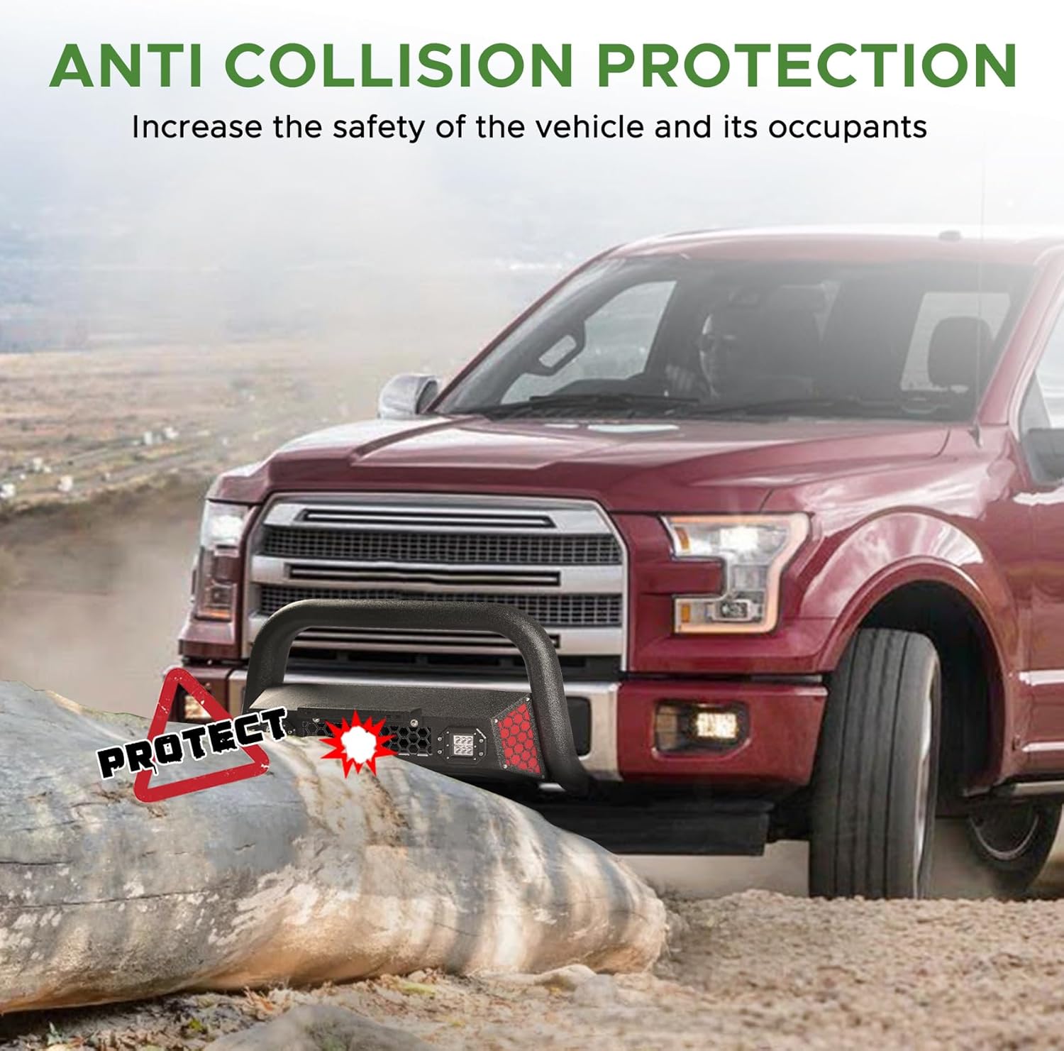 Bull Bar Fit for Ford F150 2004-2026 with LED Light & w/License Plate Bracket DIY Paintable Truck Front Bumper Brush Push Bar Front Grille Guard Protector