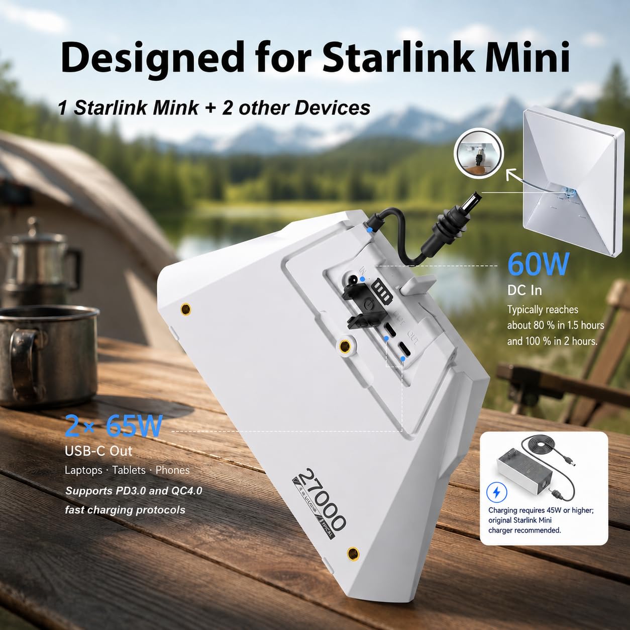 Elfcam - Batteria esterna Clip-on 99,9 Wh per Starlink Mini,Autonomia fino a 5 ore, 2 x Uscita DC e USB-C, supporto integrato IP65, conforme alle norme aeree