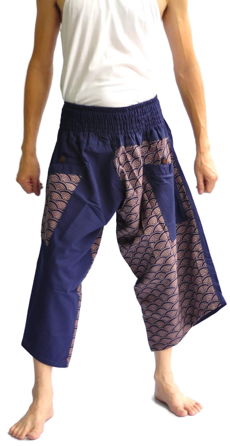 Siam Trendy Men's Japanese Style Pants One Size Blue with Fish Scales Design