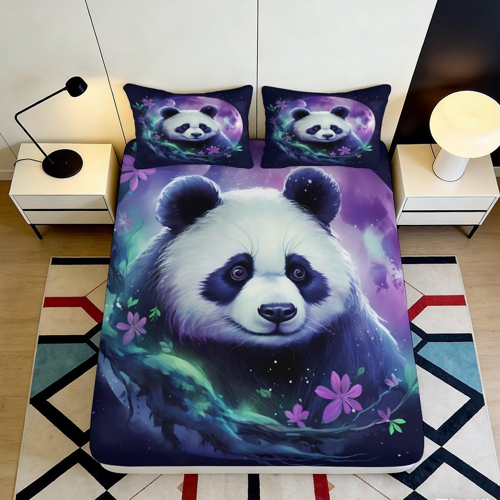 3D Printed Fantasy Panda Fitted Sheet Microfiber Soft Anti-Slip Purple Galaxy Mattress Cover for Bedroom Dorm Room Decor 140x200x25cm