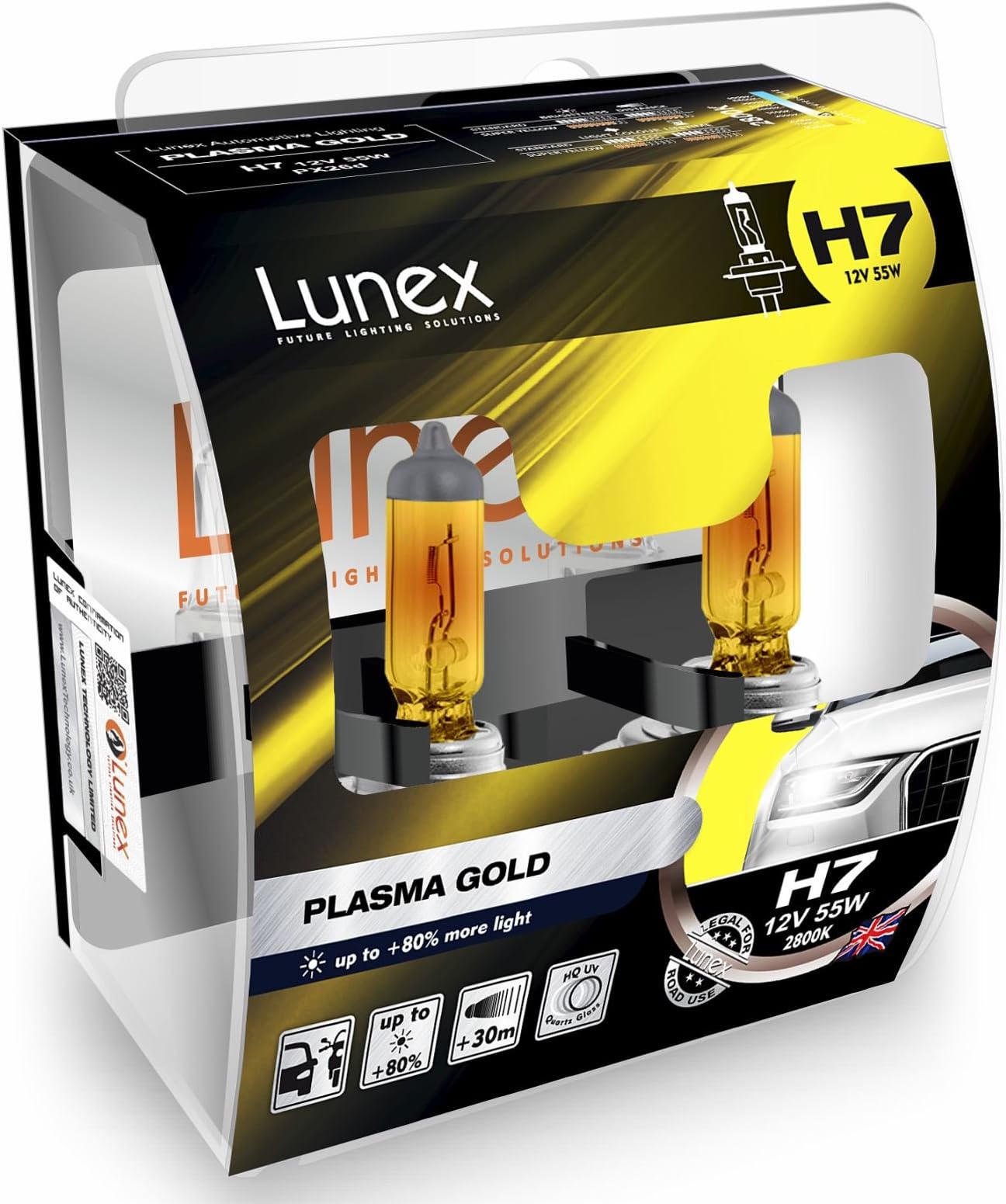 LunexH7 PLASMA GOLD Headlight Halogen Bulbs 477 12V 55W PX26d 2800K duobox (2 units)