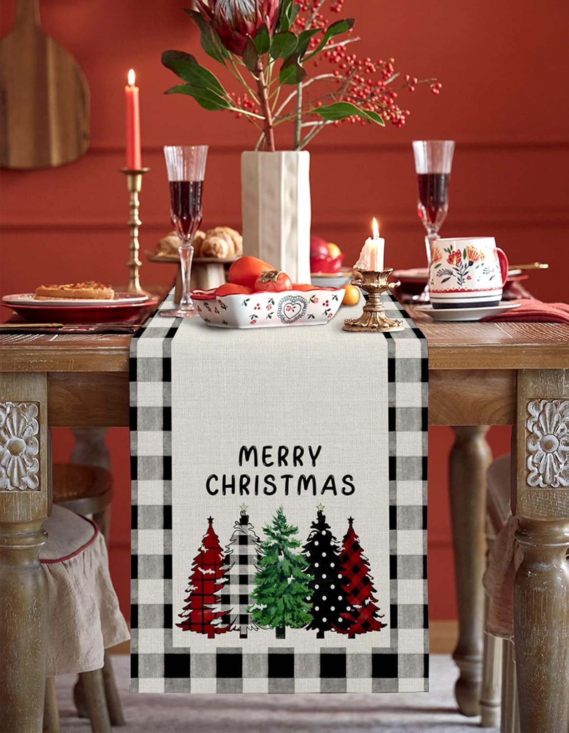 Merry Christmas Table Runner 60 inches Long Beige Cream