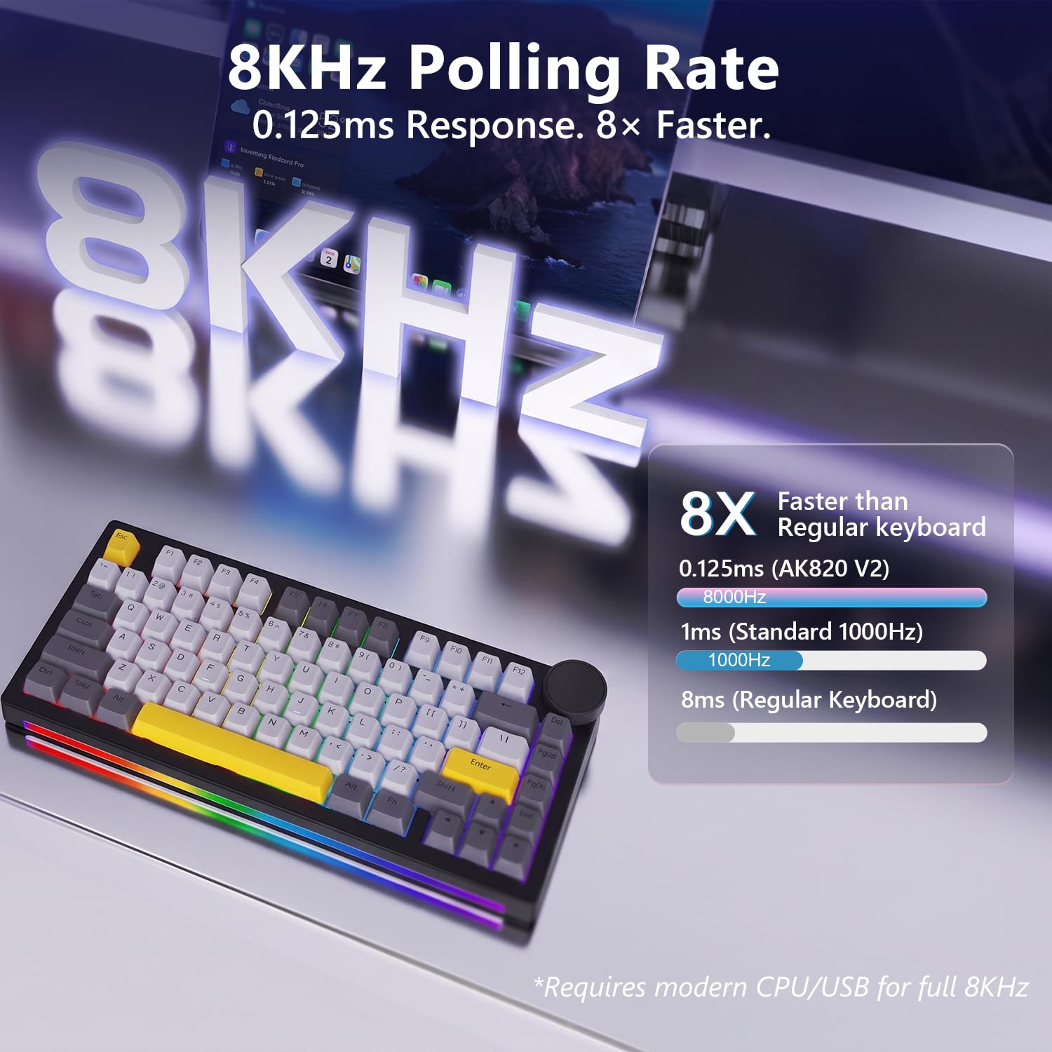 AK820 V2 - Teclado con interruptor mecánico con cable al 75%, interruptor magnético de efecto Hall Bingyu, disparador rápido ajustable, tasa de sondeo 8K, perilla inteligente TFT de 0.9 pulgadas, RGB