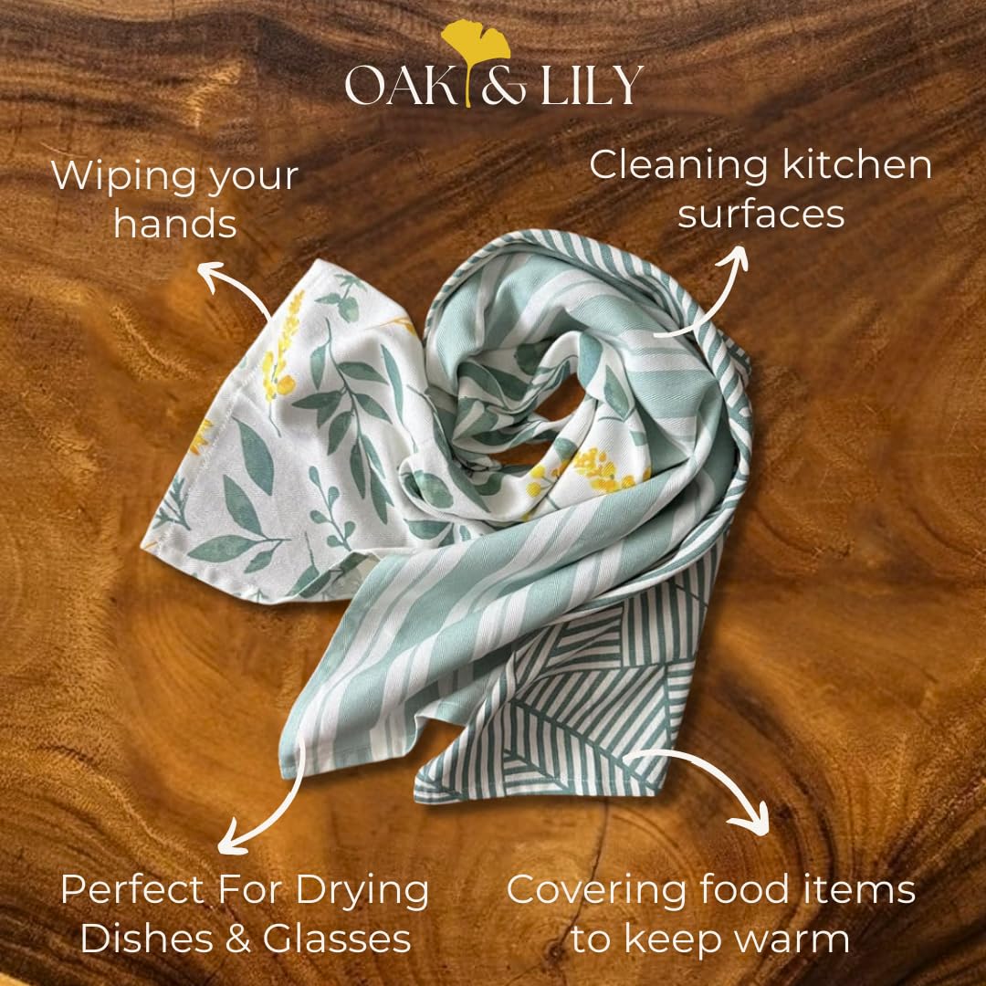 Oak & Lily Set of 3 Kitchen Napkins | Dish Towels | 100% Cotton | Premium European Quality | Washable, Large Size (40 * 60cm) Kitchen Cloth for Roti, Cleaning, Drying, Wiping | Sage Green 3