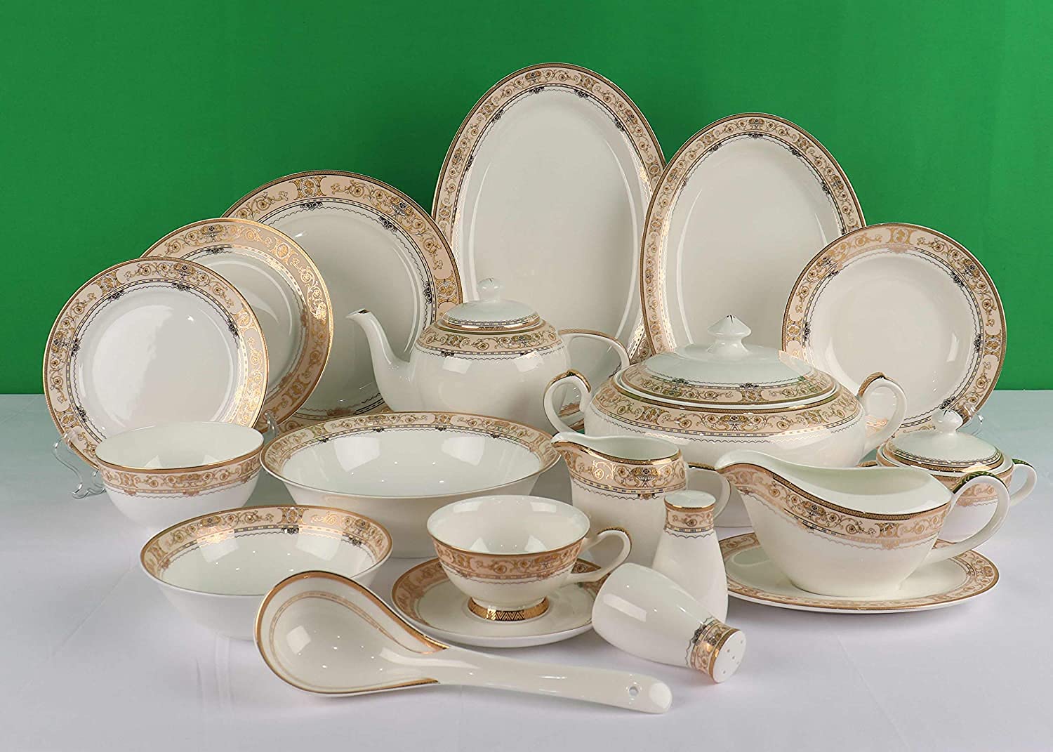 X IANGYU Dishware Set,115pcs for 12 People,BONE CHINA,Dinnerware Set,Ceramic Tableware,Luxury Porcelain Combination Set with Hand-painted Golden Rim,Tea Cup & Saucer,Plate,bowl,Pot,Tureen,Spoon