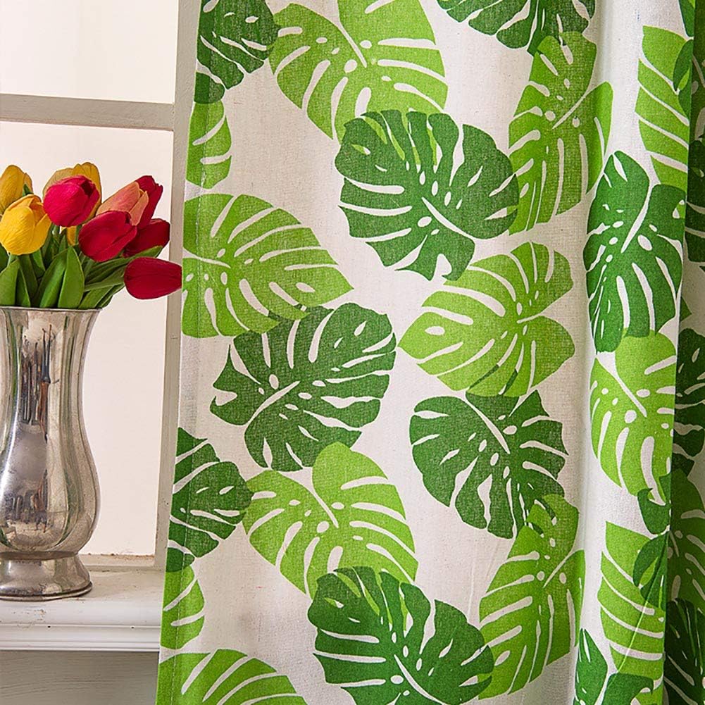 BOYOUTH Nordic Style Semi Shading Drawstring Curtains Cotton Linen Fabric Green Palm Leaf Printed Drapes for Children Room,39" by 78",2 Panels