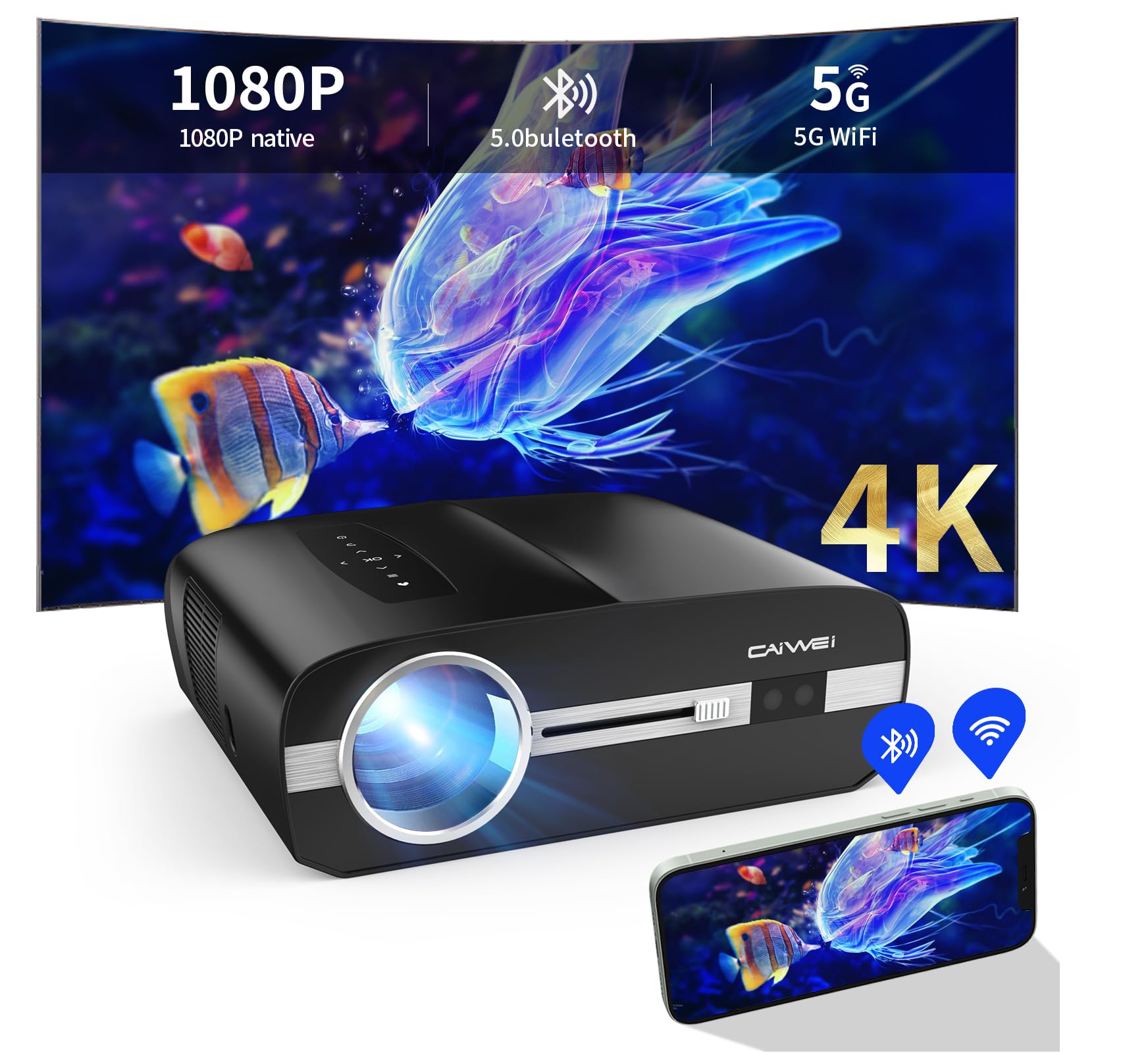 LED Projector 4K with WiFi and Bluetooth, 1500 ANSI Ultra HD Smart Daylight Home Theater Projector Home Cinema, Android TV, DSP audio, 4D keystone Correction, HDR for Gaming, Ceiling, 300" display