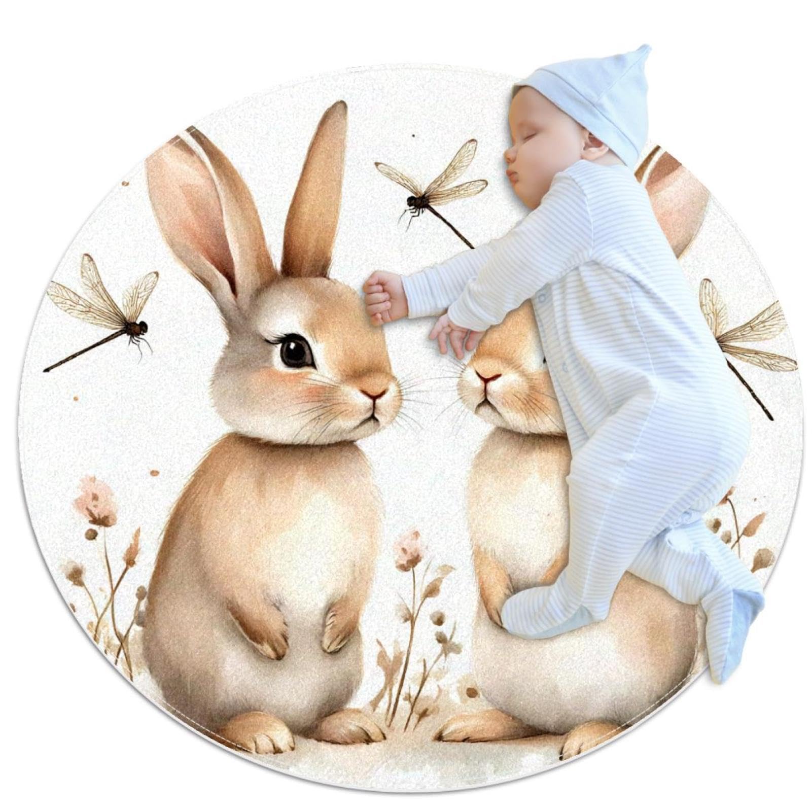 Tapis de bain deux lapins aquarelle rond pour la chambre de bébé et salon