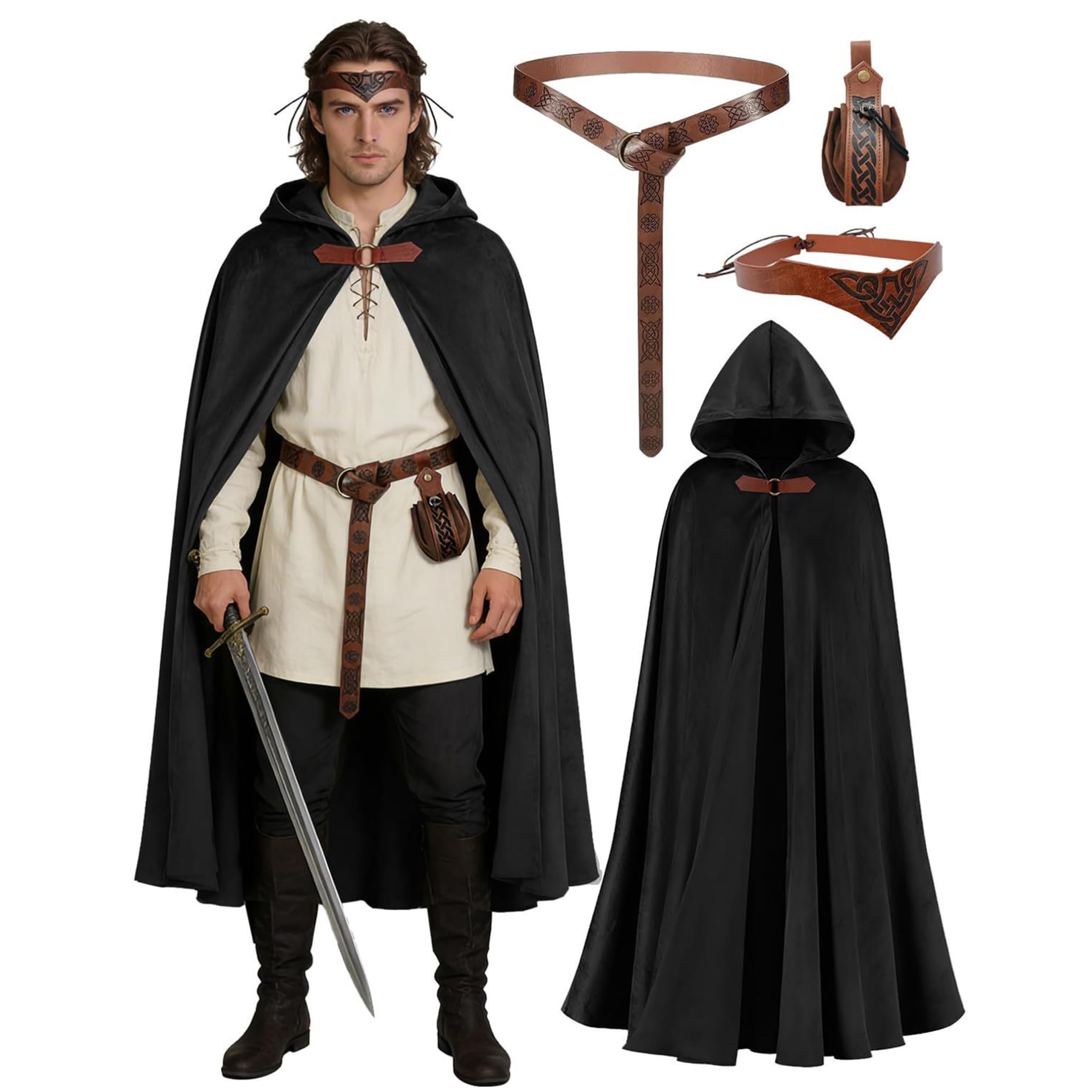Conjunto Retro de 4 Piezas de Capa Medieval con Capucha, Negro