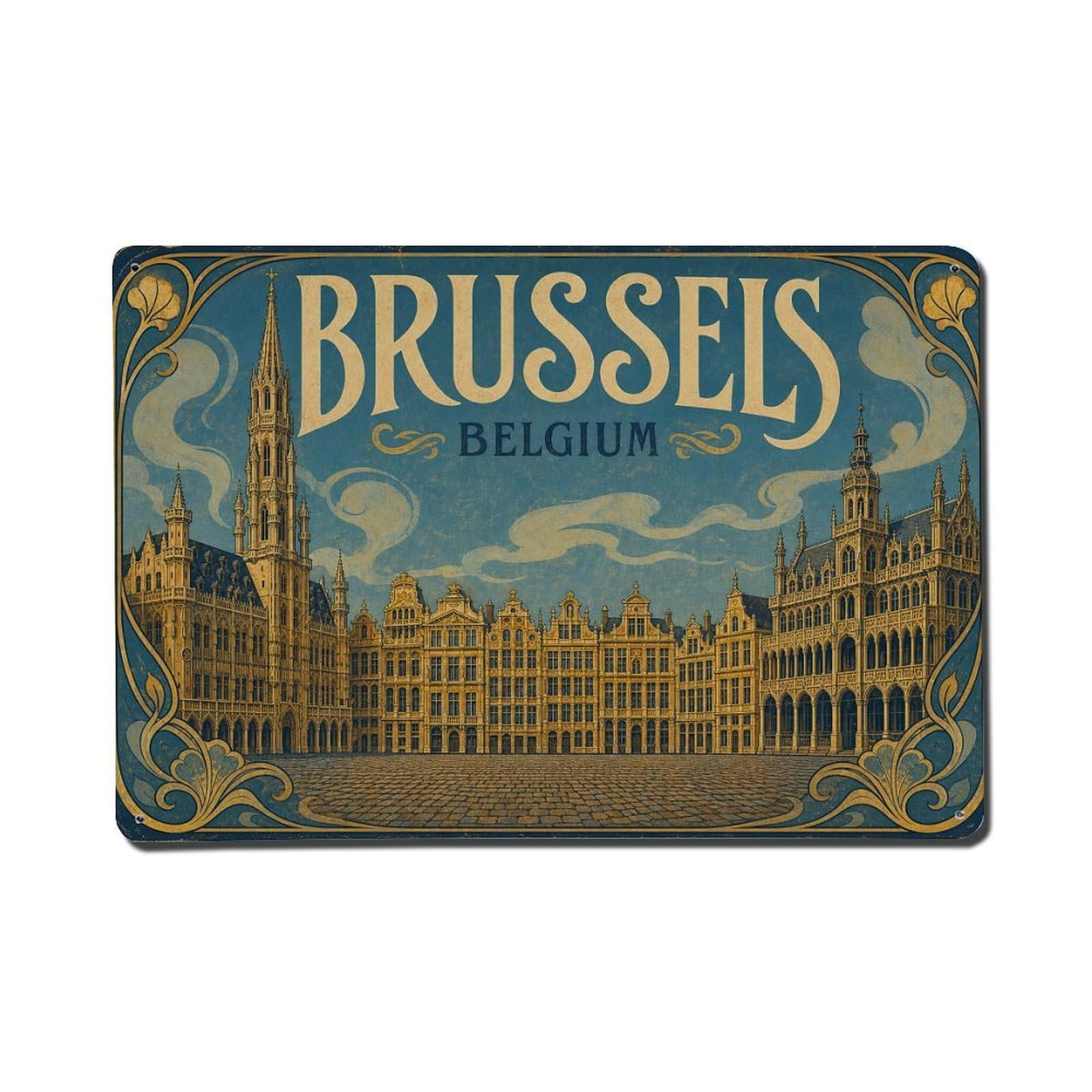 Vintage Travel Belgium Brussels 1 Metal Tin Sign Plaque Wall Decor for Cafe, Club Bar, Office, Garden Metal Poster 8x12Inch