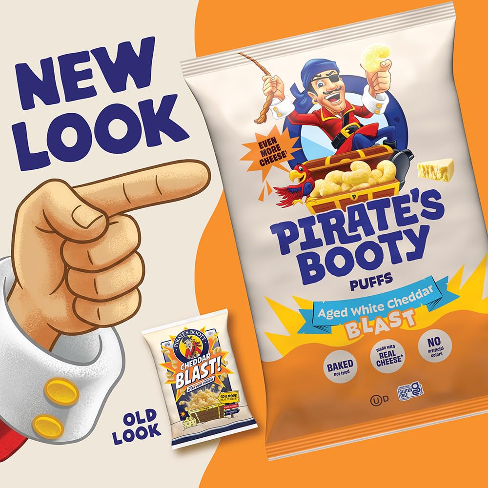 Pirate's Booty Cheddar Blast - Bocadillos de queso sin gluten para niños, bolsas de bocadillos de tamaño personalizado de 0.8 onzas (paquete de 16)