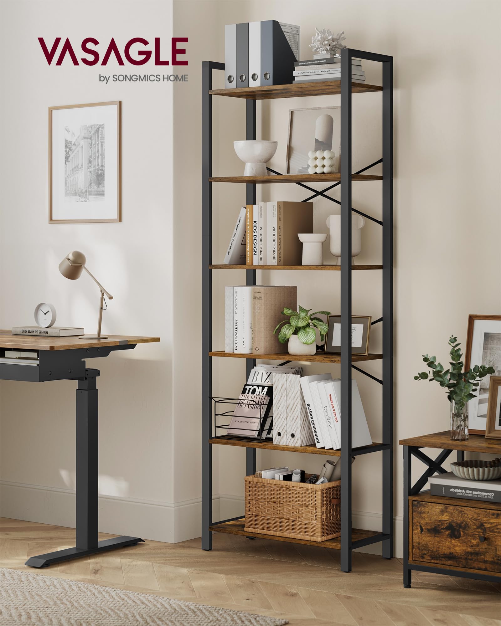 VASAGLE Libreria Alta a 6 Ripiani, Scaffale Portaoggetti, Struttura in Acciaio, Salotto Camera da Letto Studio, 30 x 66 x 186 cm, Industriale, Marrone Vintage e Nero Inchiostro LLS062B01