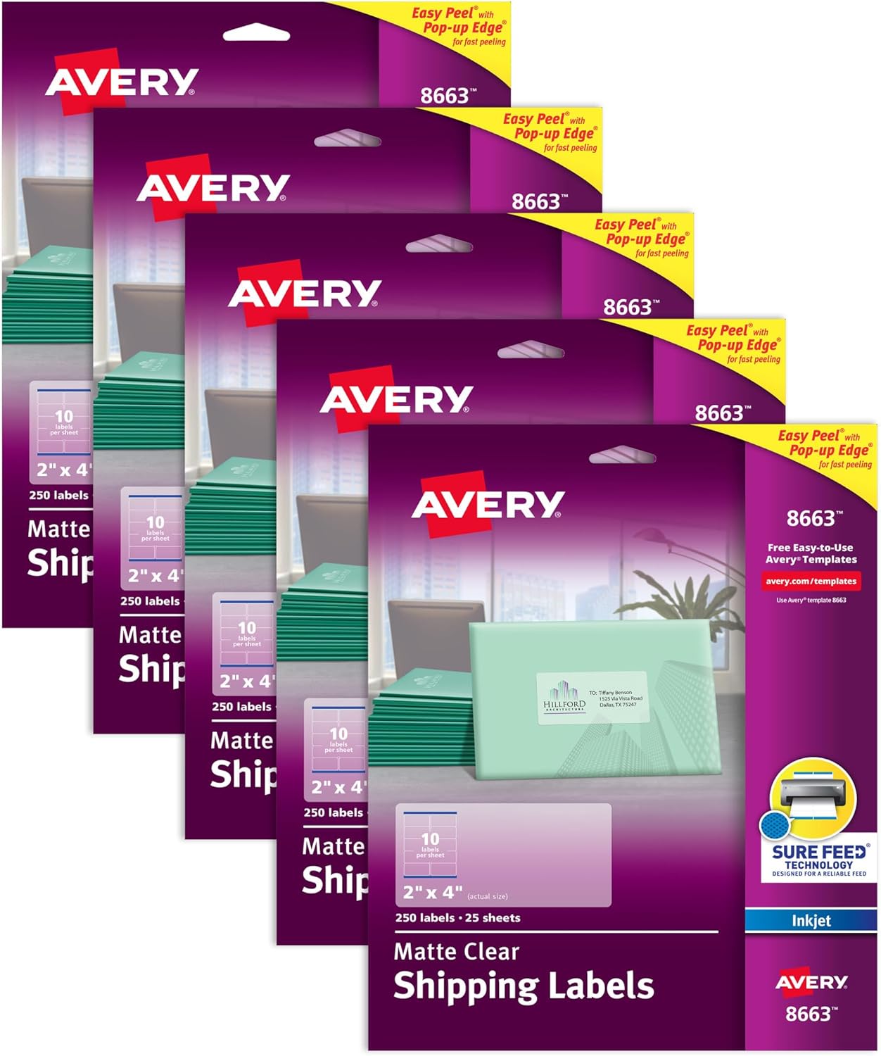 Avery Printable Shipping Labels with Sure Feed, 2" x 4" Customizable Stickers, Matte Clear, 1,250 Blank Mailing Labels Total, Great for Mailing, Shipping, and More (5-Pack of 8663)