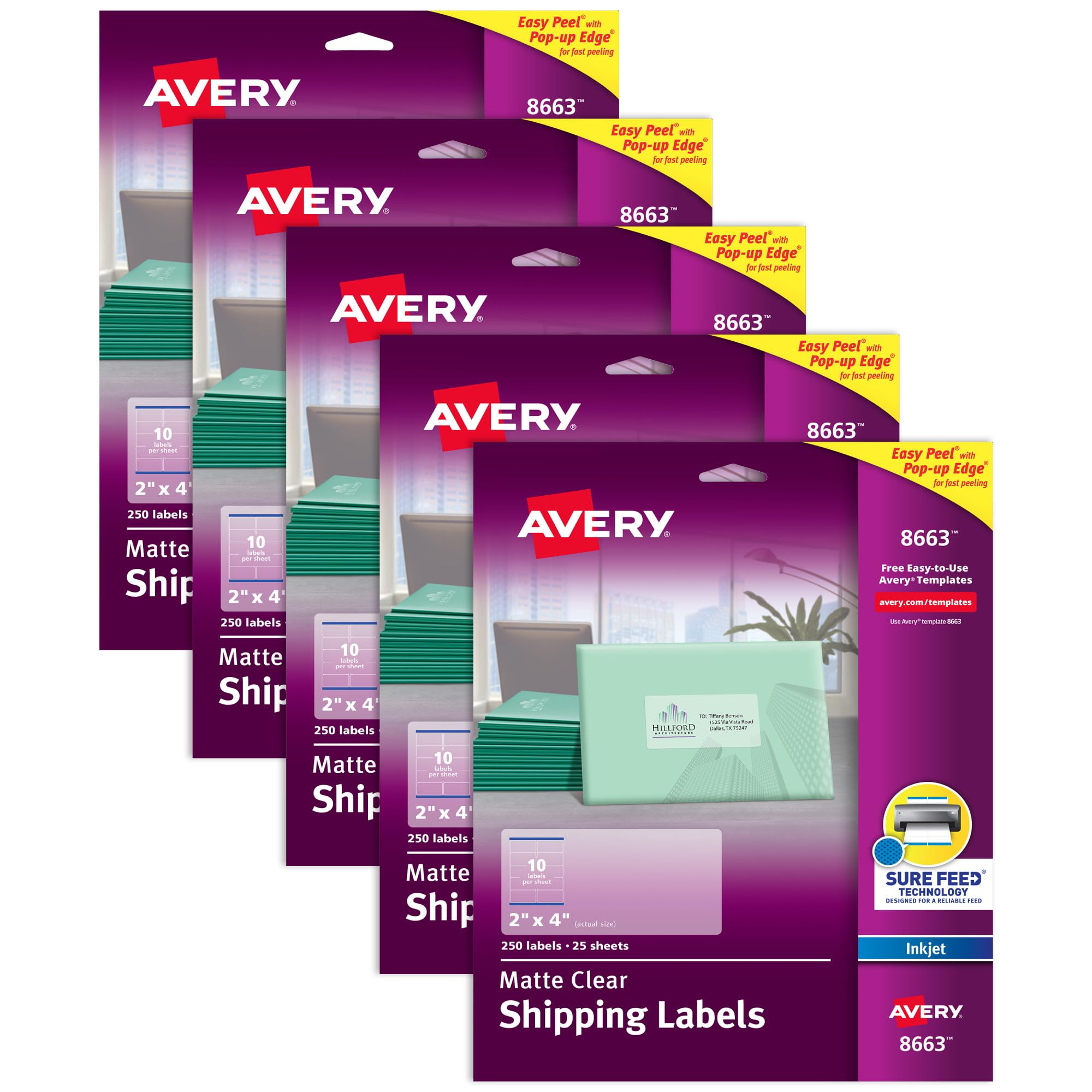 Avery Etichette trasparenti opache per indirizzi per stampanti a getto d'inchiostro, 5,1 x 10,2 cm, 250 etichette, 5 confezioni (8663)