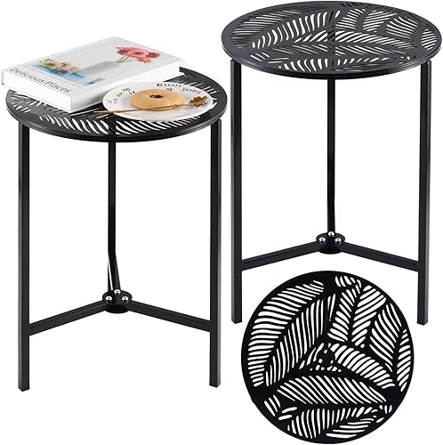 Miniatura 17 de Paquete de 1 mesa auxiliar de metal para exteriores de 13 pulgadas, pequeña mesa auxiliar negra para patio, soporte de esquina redondo para espacios
