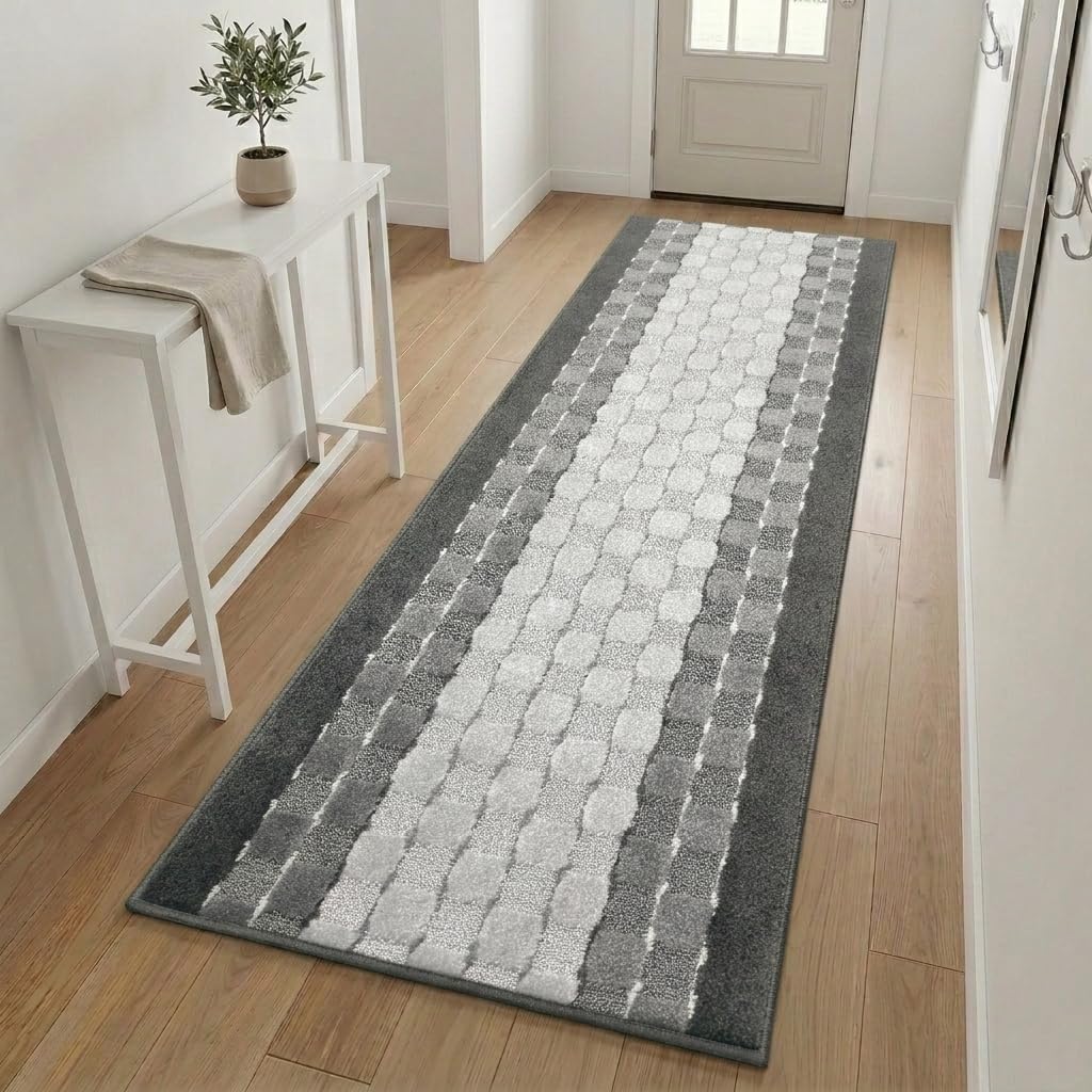 Non Slip Washable Carpet Runner Rug, Custom Floor Mat for Kitchen Hallway Stairs Bedroom Bathroom Entry, Rubber Backing, Checkered Anthracite Grey, Your Choice of Length, 26 Inch X 6 feet
