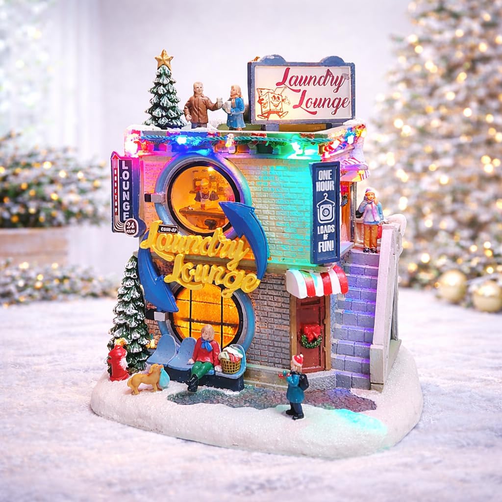 MOMENTS IN TIME Vintage Laundry Lounge Christmas Village Building 9.8”H LED Hand-Painted Polyresin Holiday Decor with Music Lights Battery Operated Christmas Display