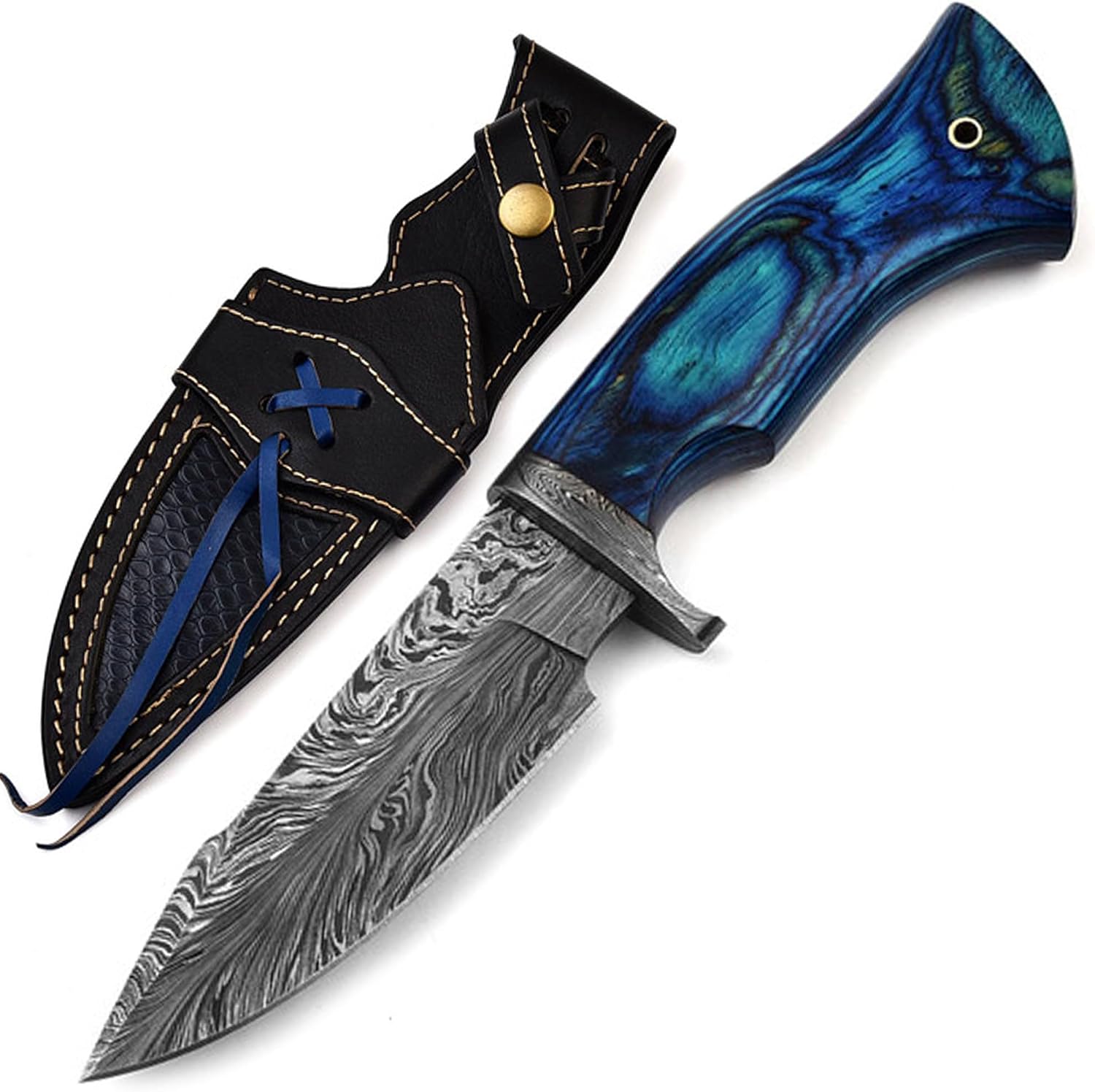Armory Replicas™ - Cerulean Blaze Feather Damascus Steel Hunting Knife with Exquisitely Crafted Leather Sheath
