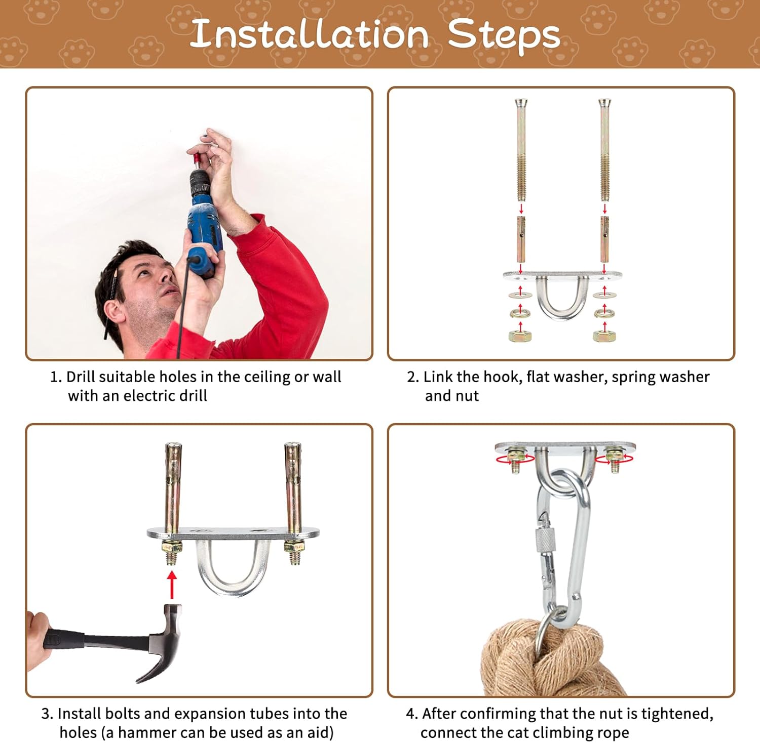 2" x 9.84Ft Cat Climbing Rope with Hook, Natural Cat Climbing Jute Rope for Ceiling and Wall Mounted, Durable Sisal Ropes for Indoor and Outdoor Cats Scratching Playing