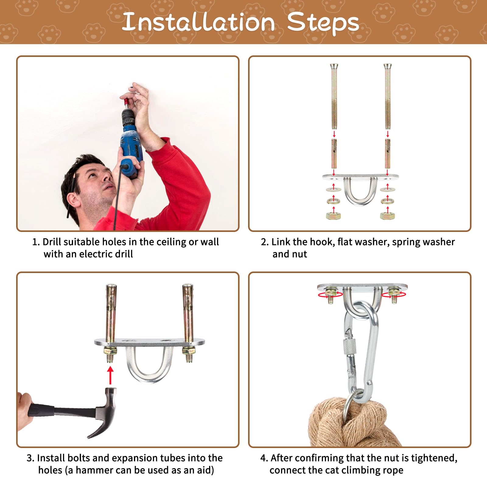 Cuerda de escalada para gatos de 2 pulgadas x 9.84 pies con gancho, cuerda de yute natural para montar en techo y pared, cuerdas de sisal duraderas para gatos en interiores y exteriores que juegan