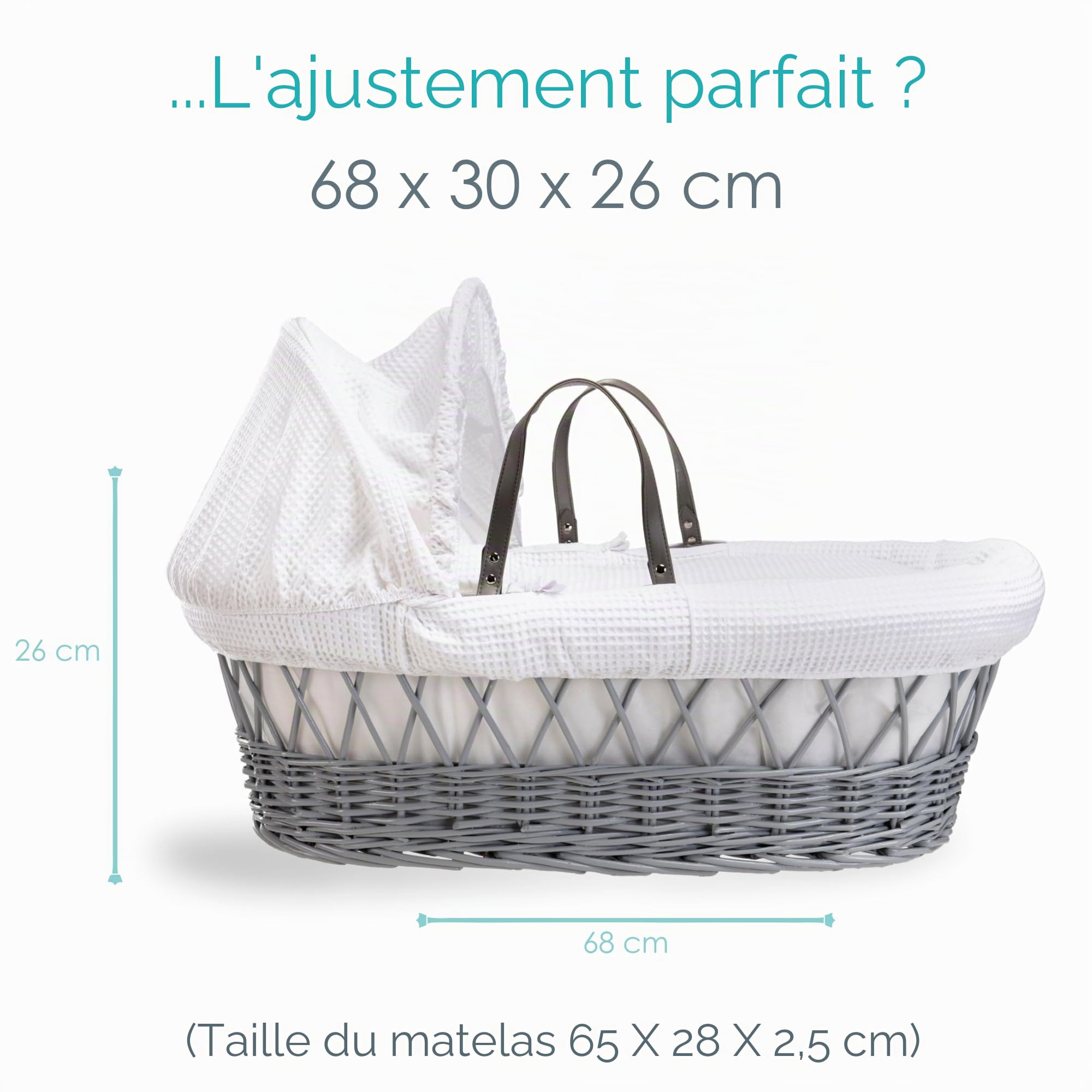 Clair de Lune Couffin en Osier Gris gaufré avec Support à Bascule Standard Gris – 68 x 30 cm (Blanc)