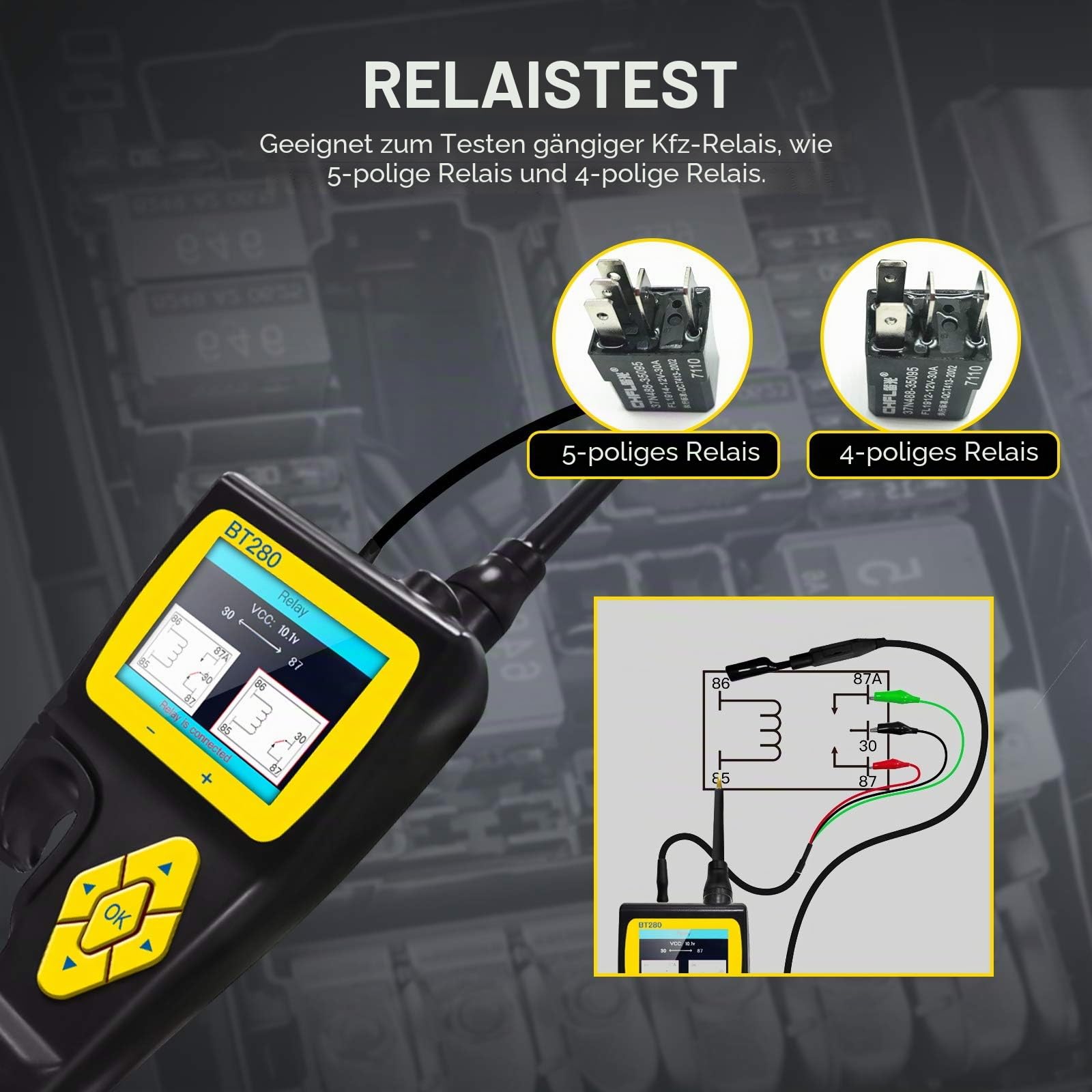 AUTOOL BT280 Schaltkreis Tester für elektrische Systeme, Werkzeuge für elektronische Systeme in Kraftfahrzeugen, Diagnosewerkzeug für elektrische Systeme mit 9 V bis 30 V und 2,4-Zoll-LCD-Display
