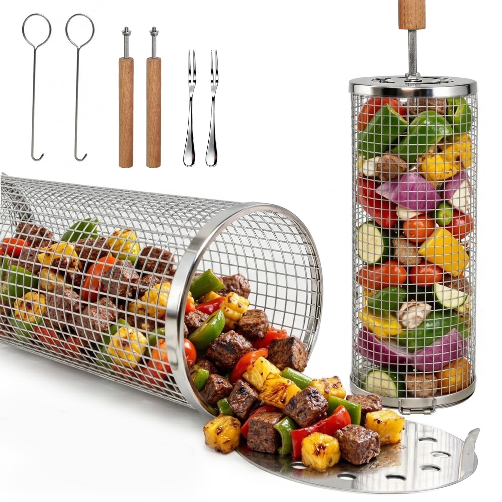 Paniers À Barbecue Set De 2,Accessoires Barbecue Pour Légumes,Crevettes, Champignons,Manche En Bois Amovible,Acier Inoxydable 304,Grillades En Extérieur,Cadeau Pour Hommes Et Papas (Argent brillant)