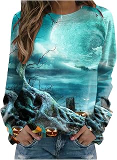 WANZZXCSL Comfy Tops Women Gown Halloween Casual Long Sleeve Oversize Buttons Fit Polyester Crewneck Pumpkin Sweatshrit Women