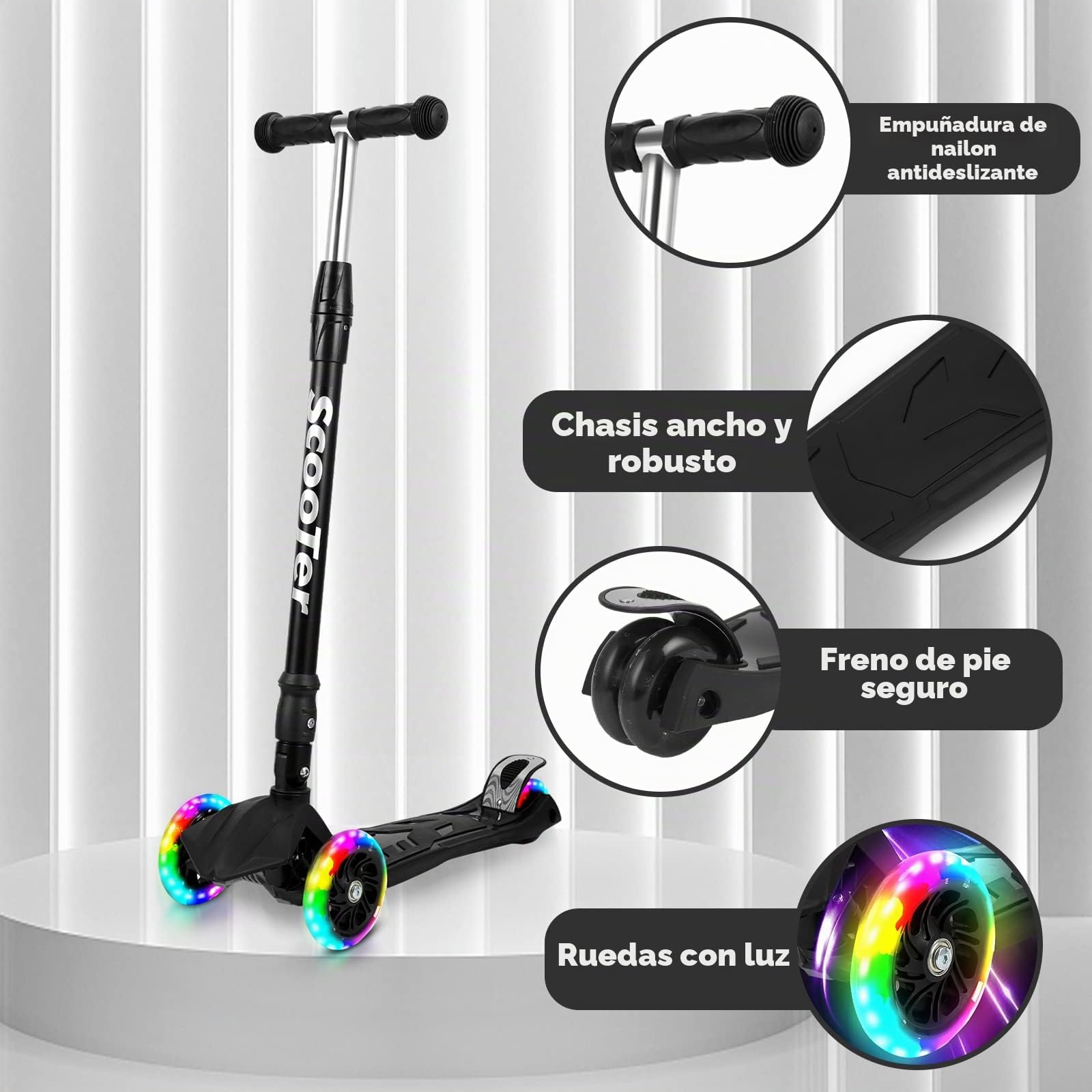 Sonnewelt Patinete Infantil Plegable con LED y Manillar Regulable en Altura, Frenos Traseros, para niños