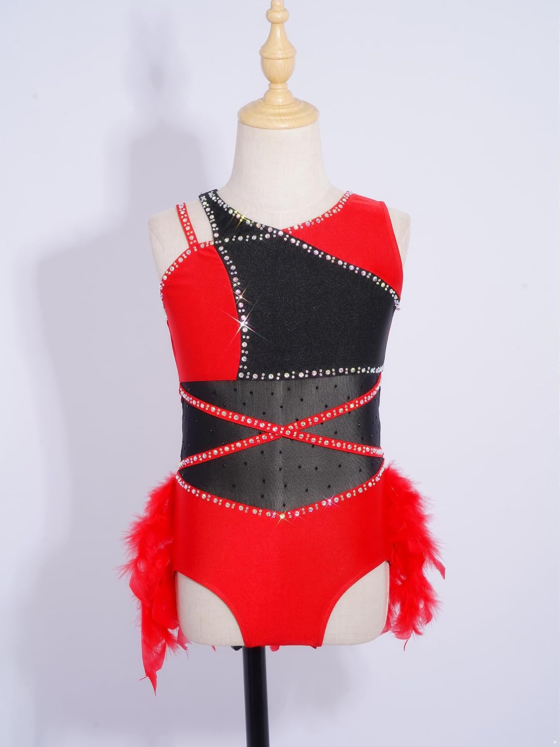 FEESHOW Kids Girls Sleeveless Feather Latin Dance Dress Sparkly Rhinestones Jazz Cha Cha Ballroom Dancewear for Performance