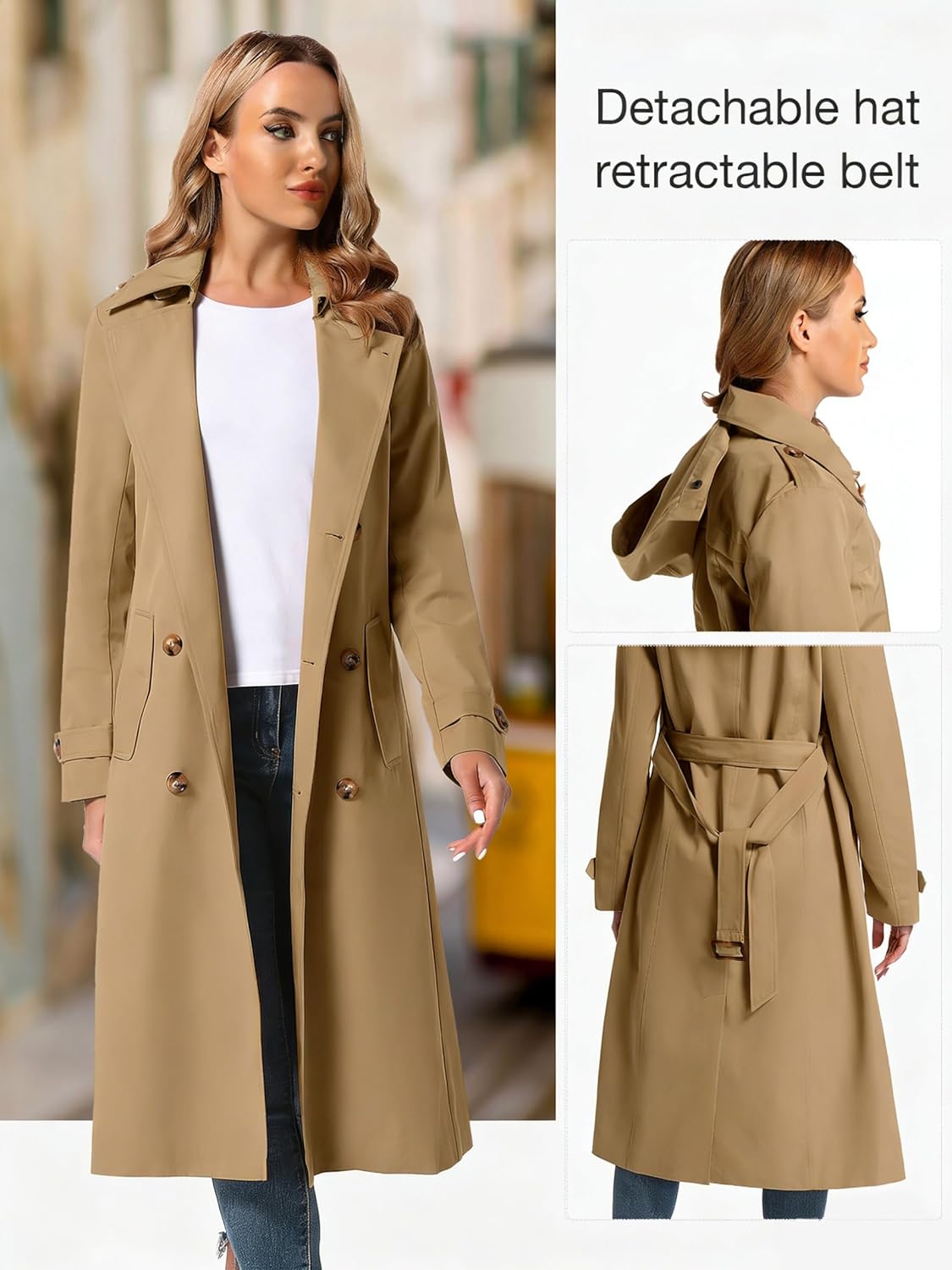 Women's Waterproof Long Trench Coat Double Breasted Length Classic Lapel Belt Coat With Removable Hood