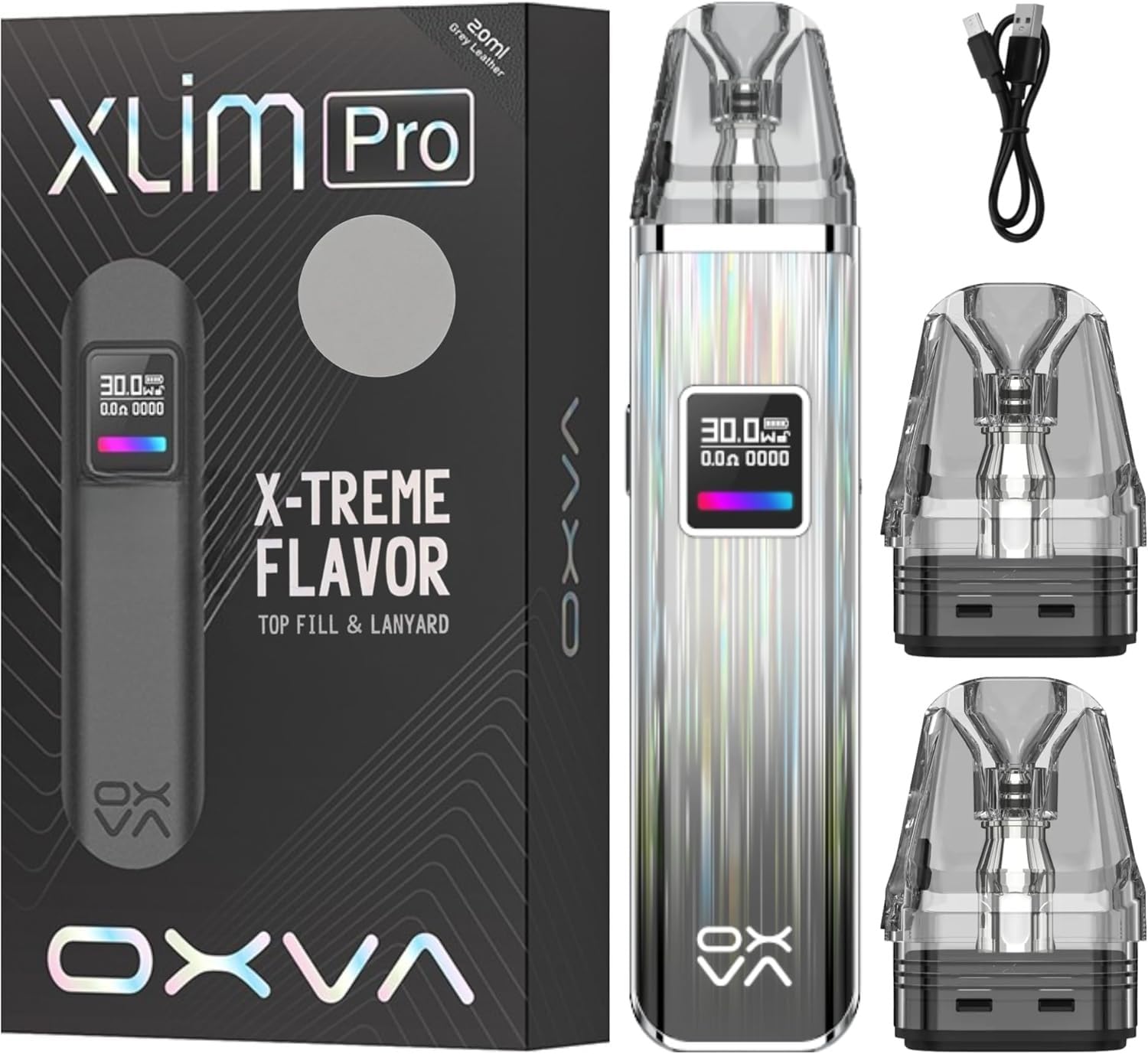 OXVA XLIM PRO Vape Kit | 2A Fast Charge | 1000mAh Battery | 30W Output | Airflow Control | RGB Lights | Compatible with OXVA Xlim Pods V2 & V3 | No Nicotine (Gleamy Grey)