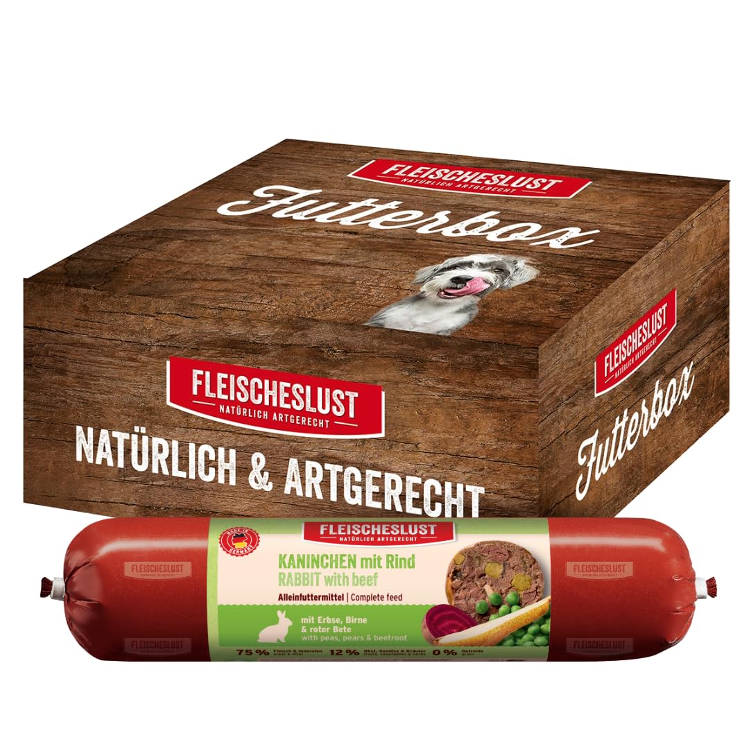 Fleischeslust Salchicha para perros, conejo y ternera con guisante, pera y remolacha, 6 x 800 g, comida húmeda, resistente a los cortes, sin cereales, pienso completo para perros adultos