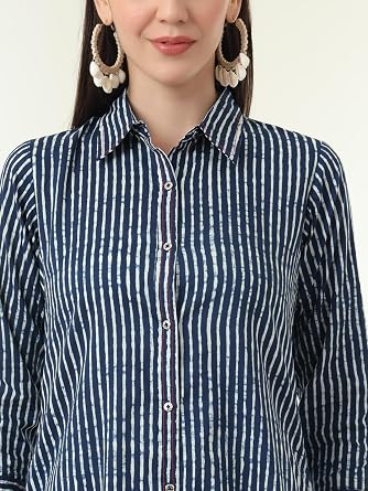 Tissu Women's Indigo Pure Cotton Striped Shirt Style Kurta with Pyjama | indian women kurta set