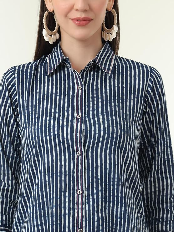 Tissu Women's Indigo Pure Cotton Striped Shirt Style Kurta with Pyjama | indian women kurta set