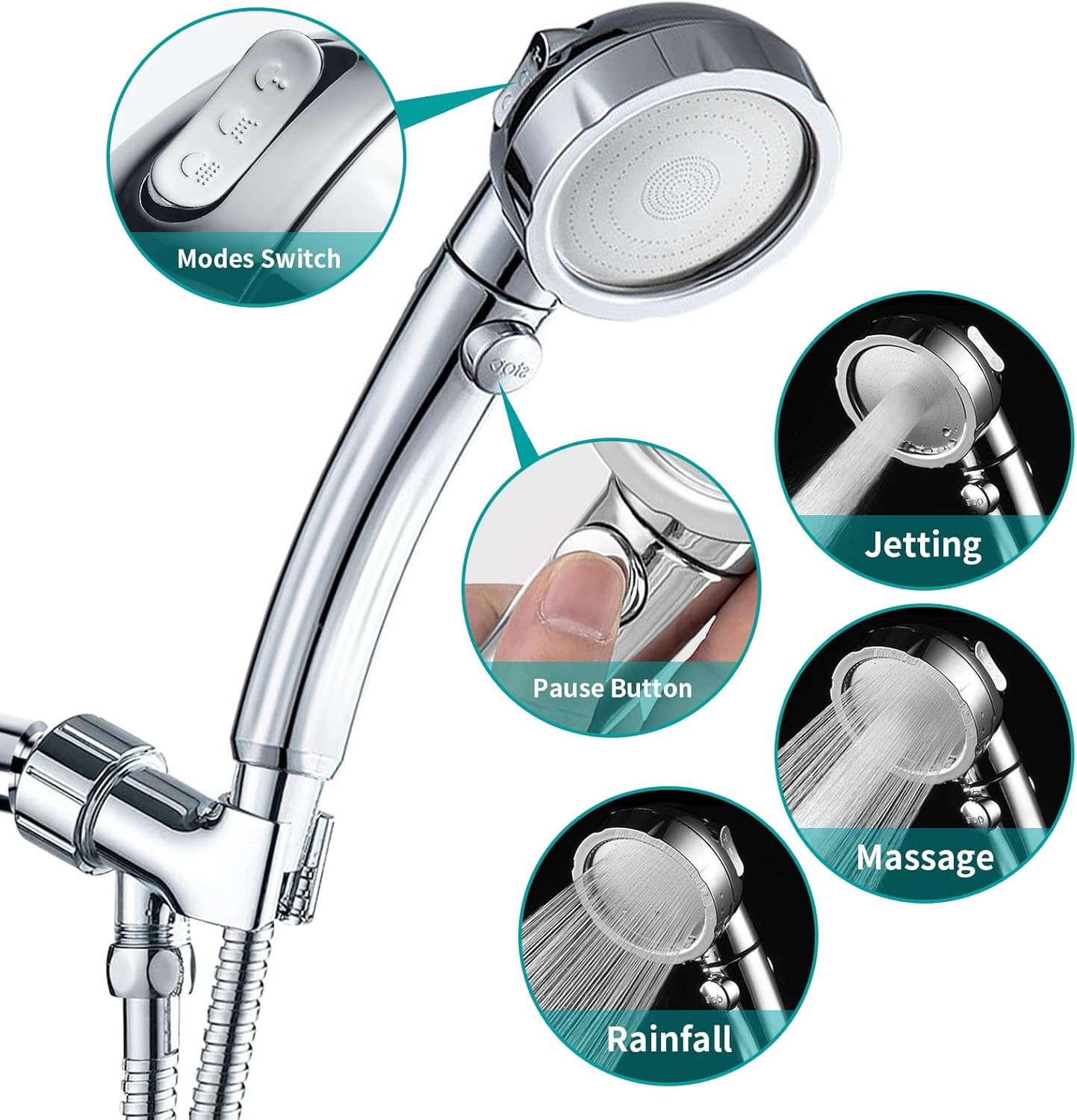 MIAOHUI Modern Handheld Shower Head with On Off Switch, High Pressure Shower Head with Handheld, 3 Spray Settings Removable Shower Head with Hose, Angle Adjustable Shower Bracket, Teflon Tape (Chrome)