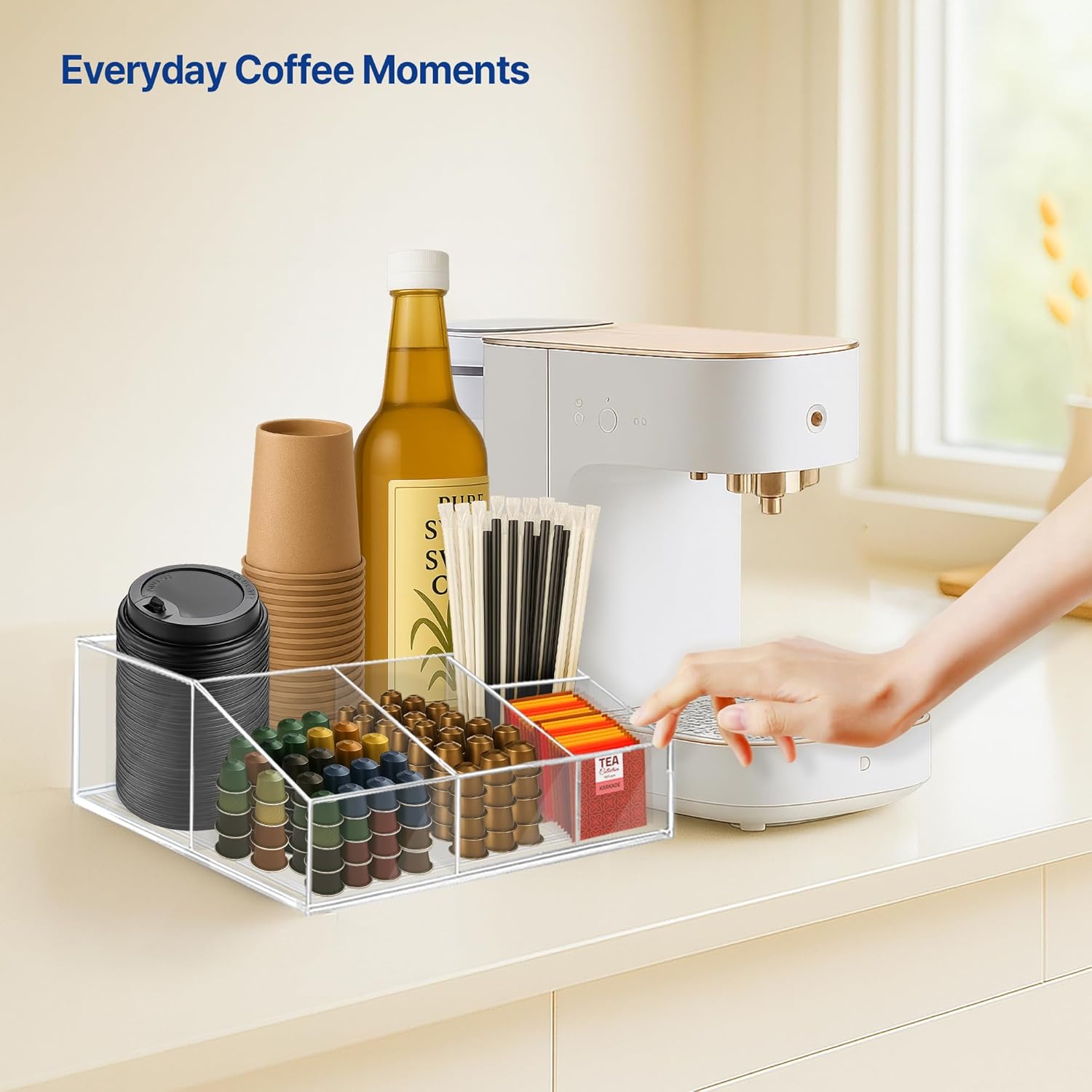 Acrylic Coffee Bar Station – Snack Tea Organizer & Storage Holder for Office Coffee Table – Perfect Countertop Setup for Syrup, Creamer, Condiment and Snack Accessories