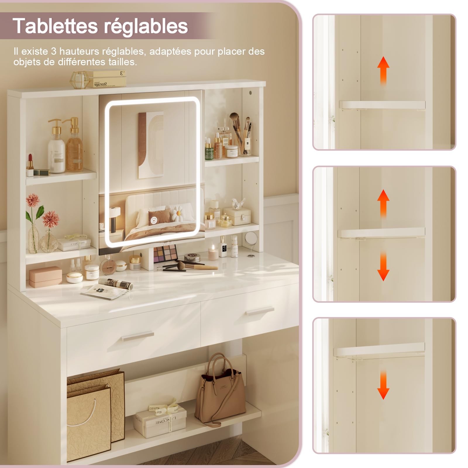 Devoko Coiffeuse avec Miroir LED, 3 Couleurs avec Luminosité Réglable, Table de Maquillage de Rangement, 2 Tiroirs et Étagères Réglables, Espace pour Bijoux, Style Moderne (Blanc)